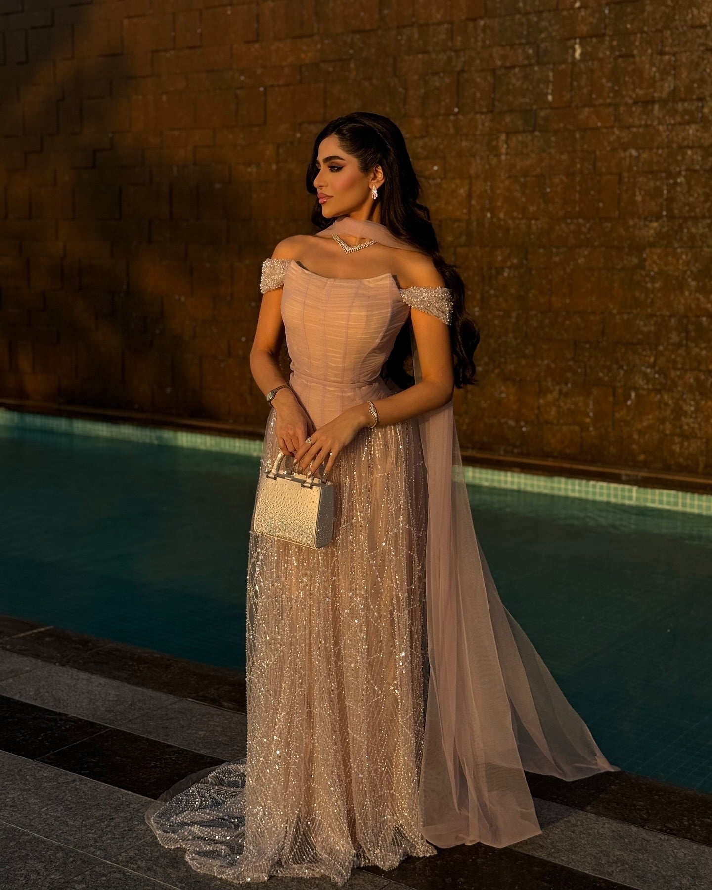 Romantic Beaded Pink Off Shoulder Evening Dress with Scarf SS766