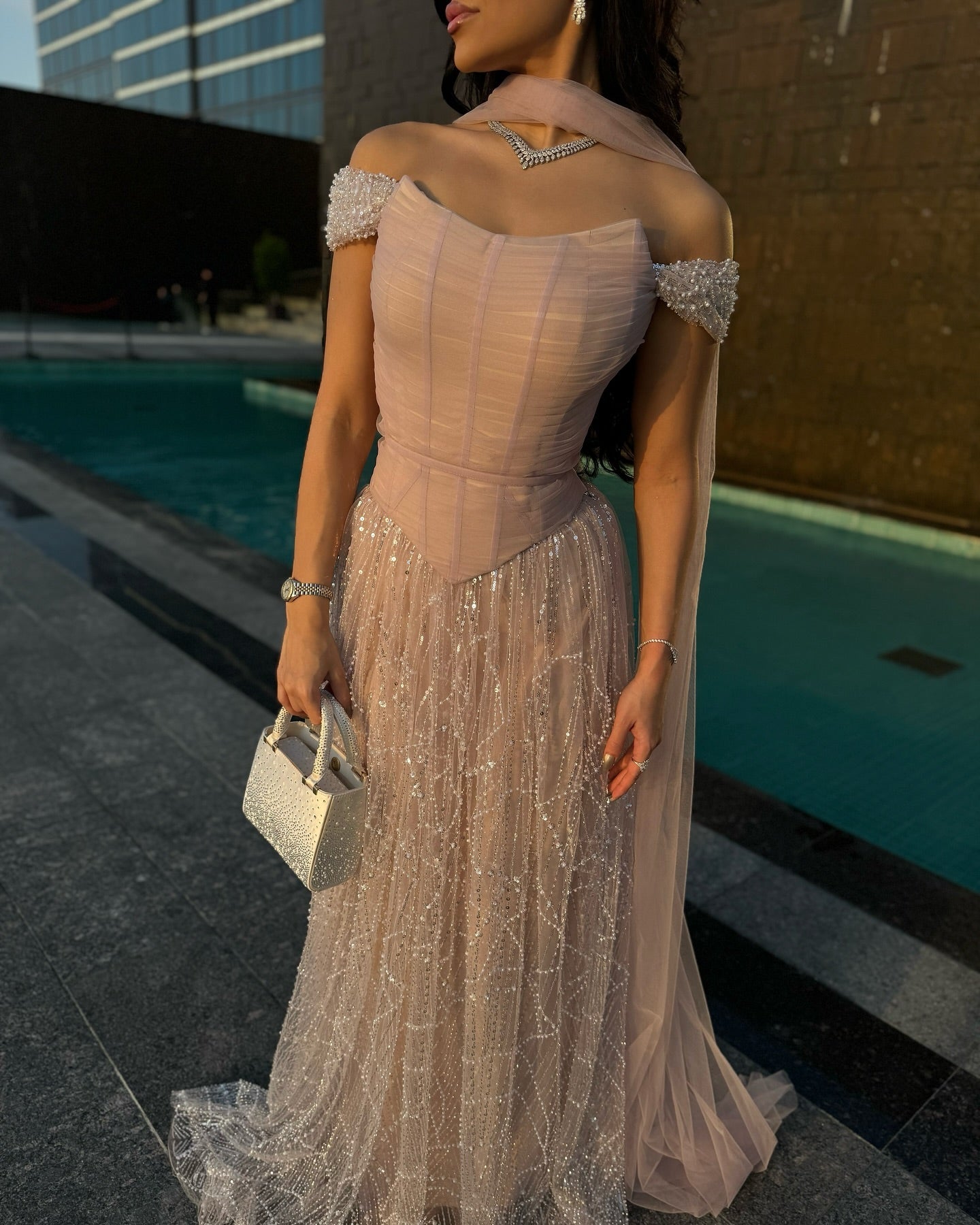 Romantic Beaded Pink Off Shoulder Evening Dress with Scarf SS766