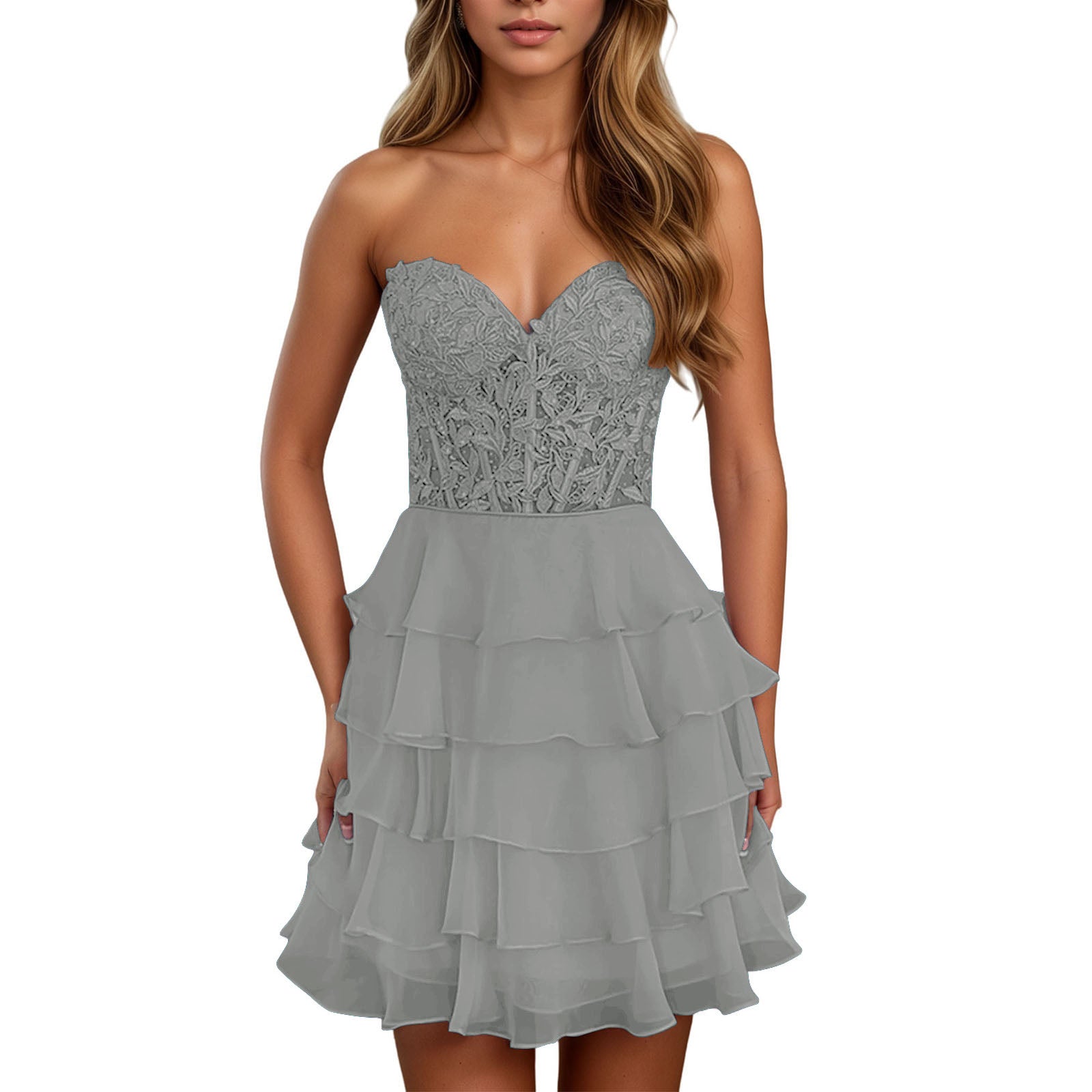 A Line Lilac Strapless Tiered Corset Short Homecoming Dress with Appliques