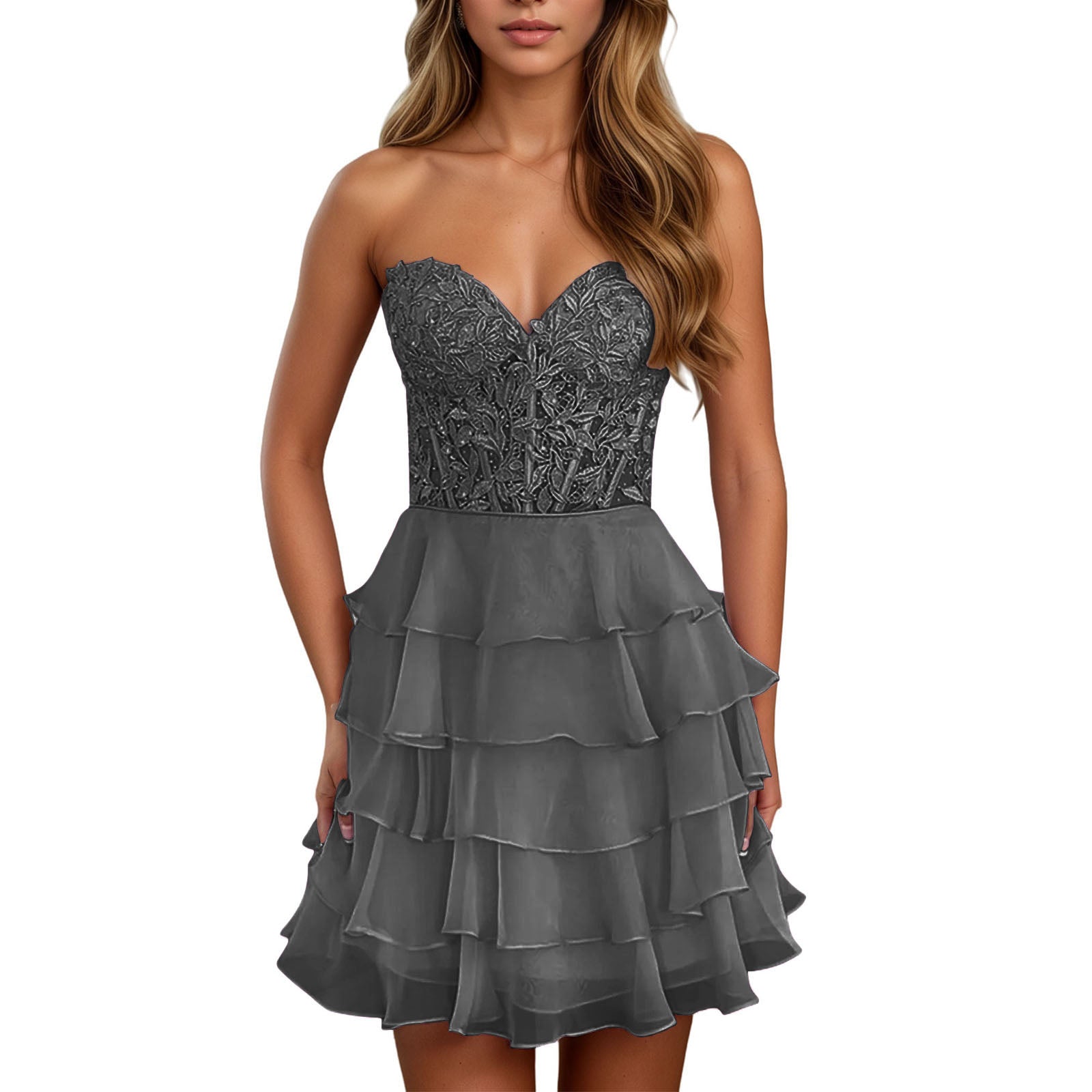 A Line Lilac Strapless Tiered Corset Short Homecoming Dress with Appliques