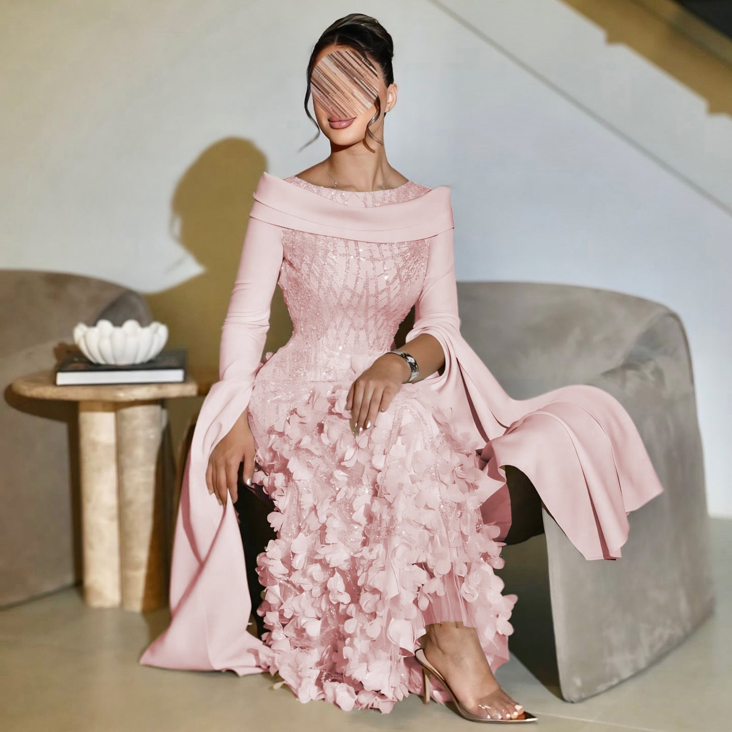 Romantic 3D Floral Evening Dress with Cape Sleeves SS272