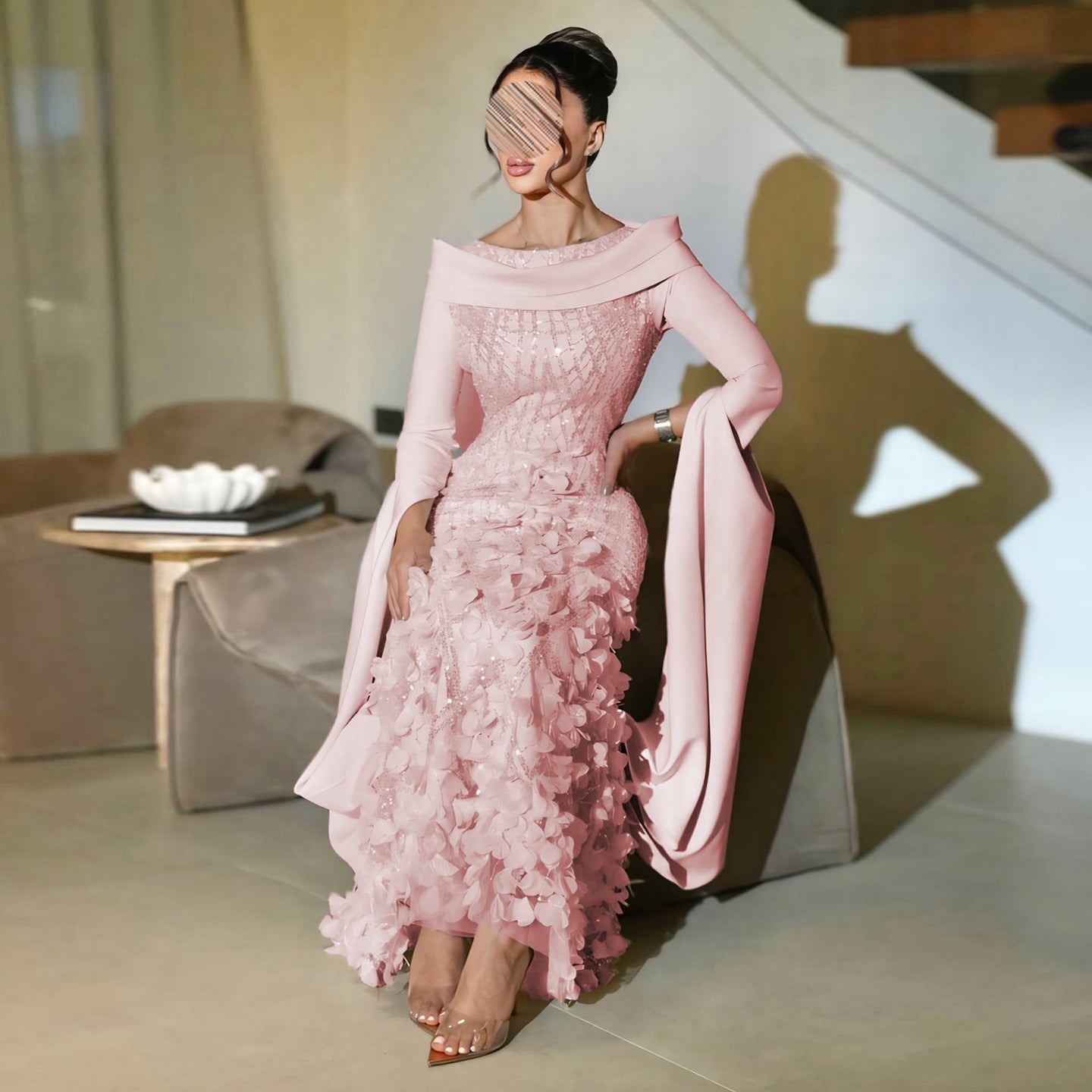 Romantic 3D Floral Evening Dress with Cape Sleeves SS272