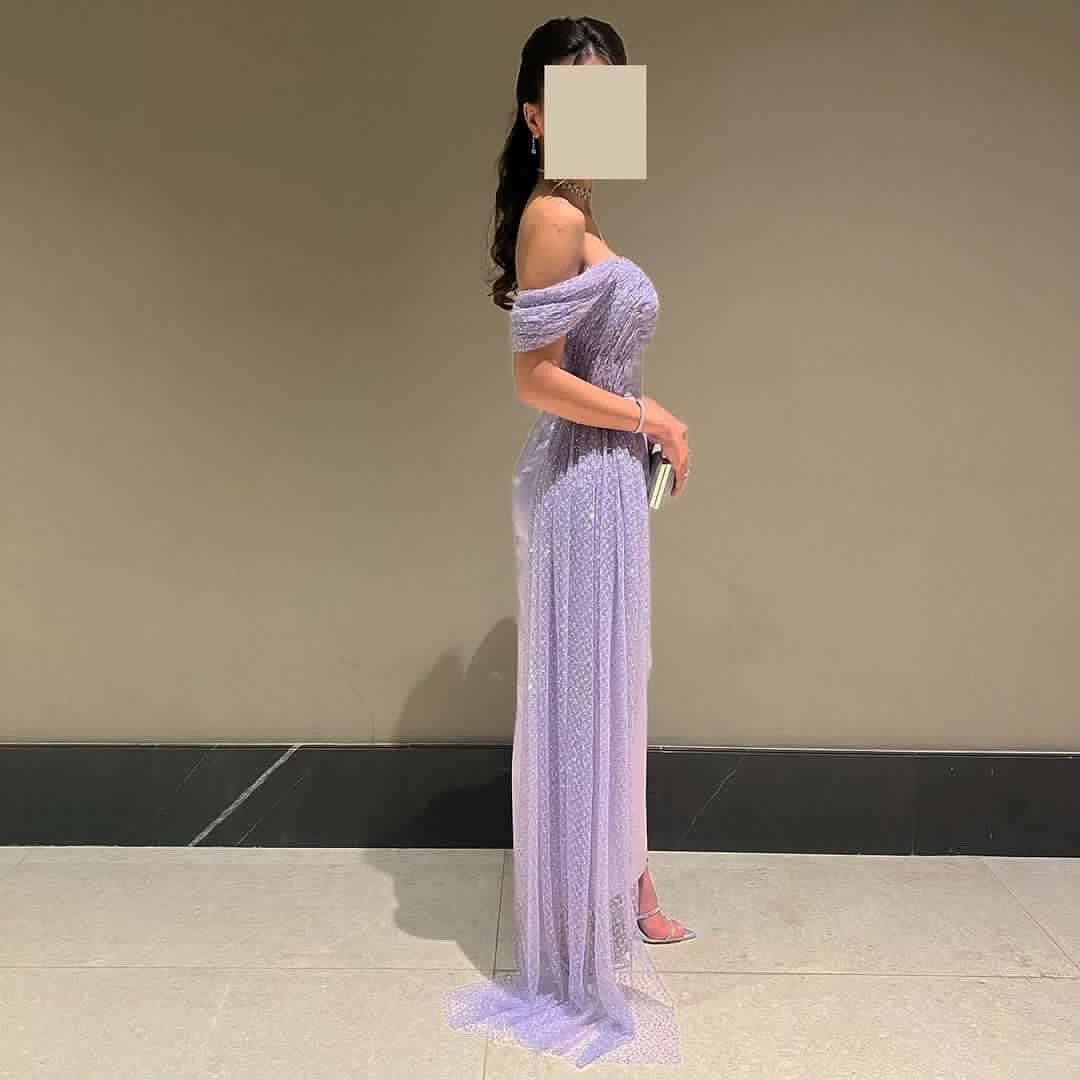 Elegant Off Shoulder Lilac Evening Dress with Overskirt SS340