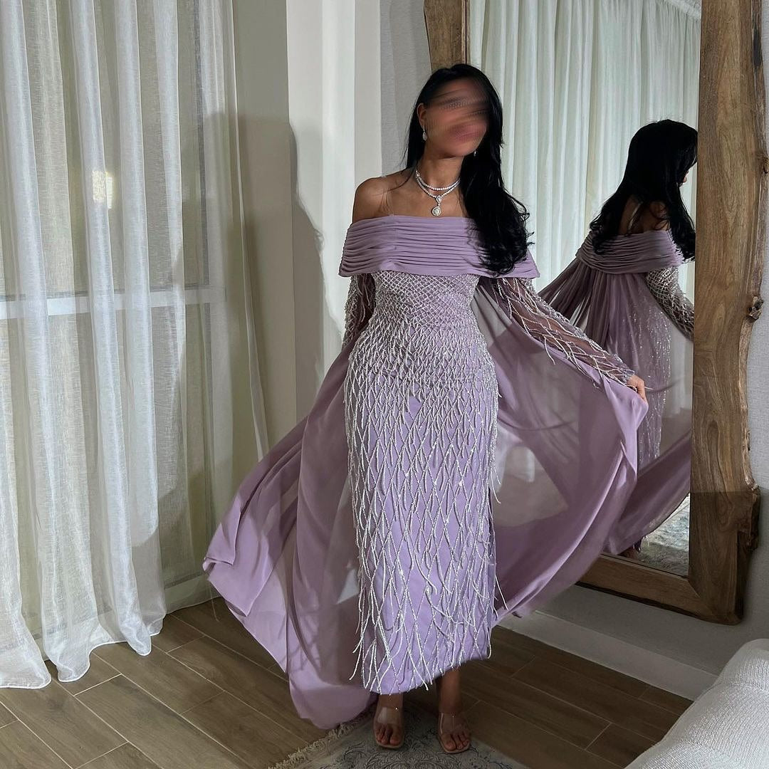 Luxury Tassel Lilac Off Shoulder Evening Dress with Cape SS708