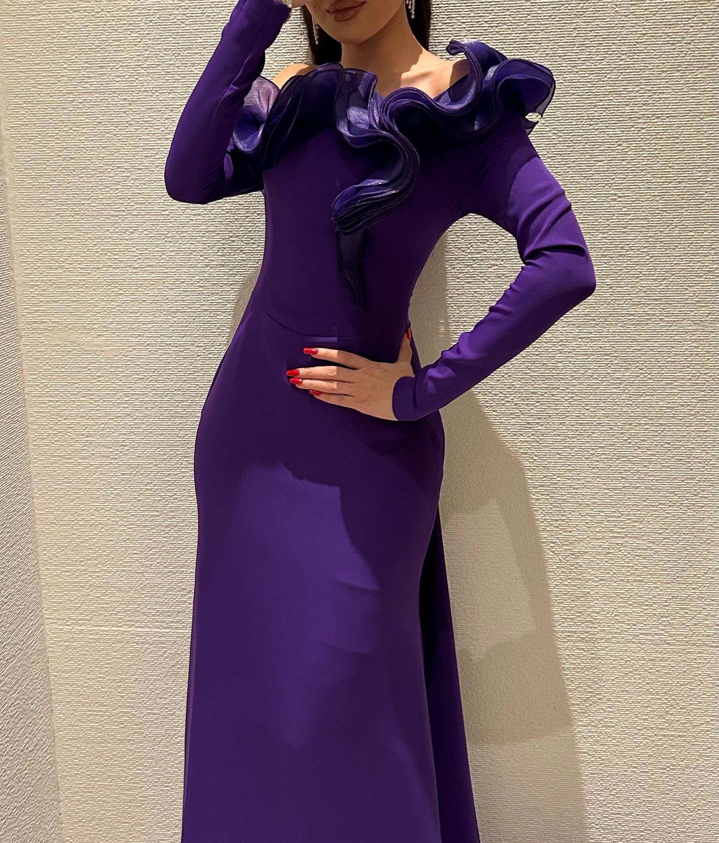 Elegant Purple Ruffles Off Shoulder Evening Dress with Overskirt SF142