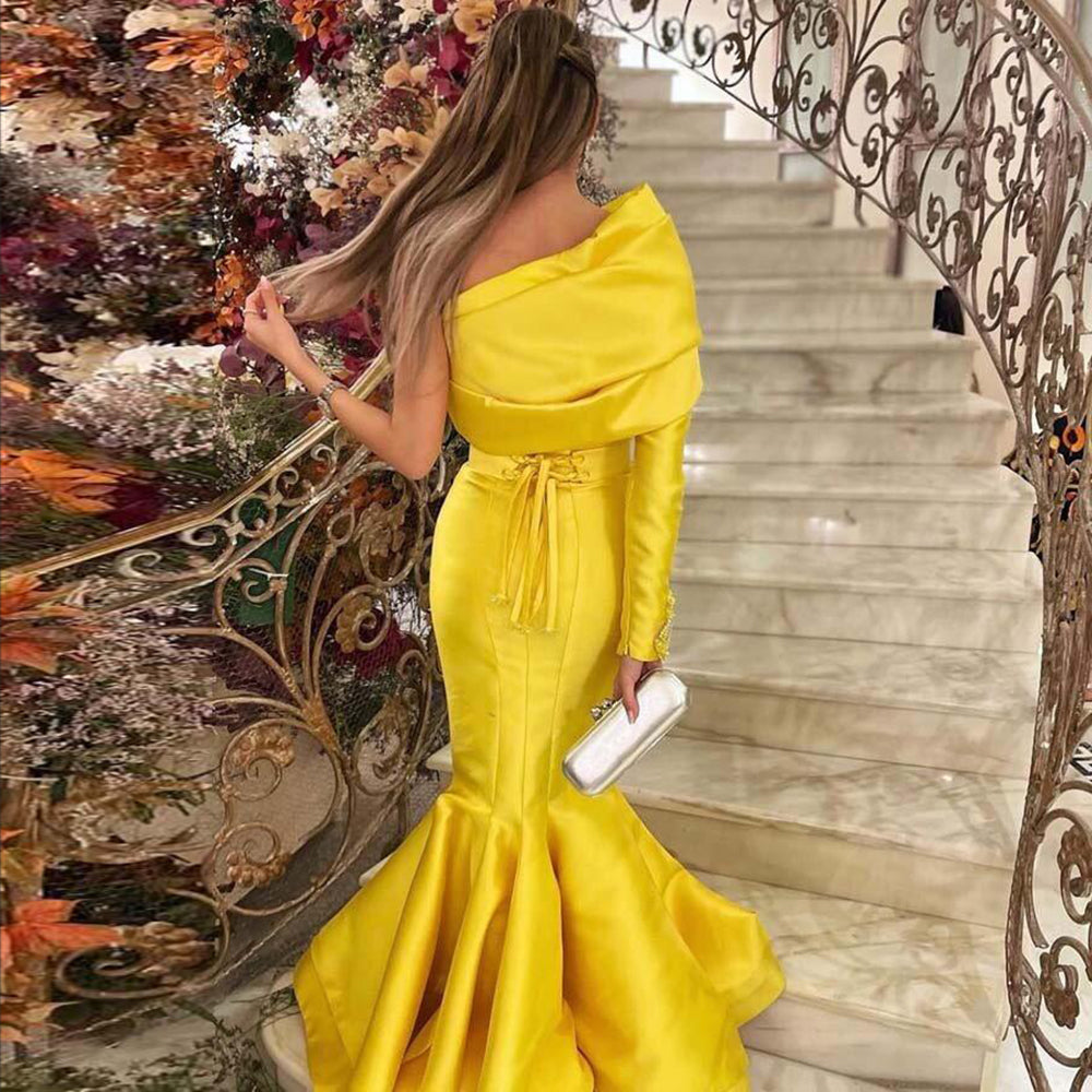 Elegant Yellow One Shoulder Mermaid Evening Dress SS414