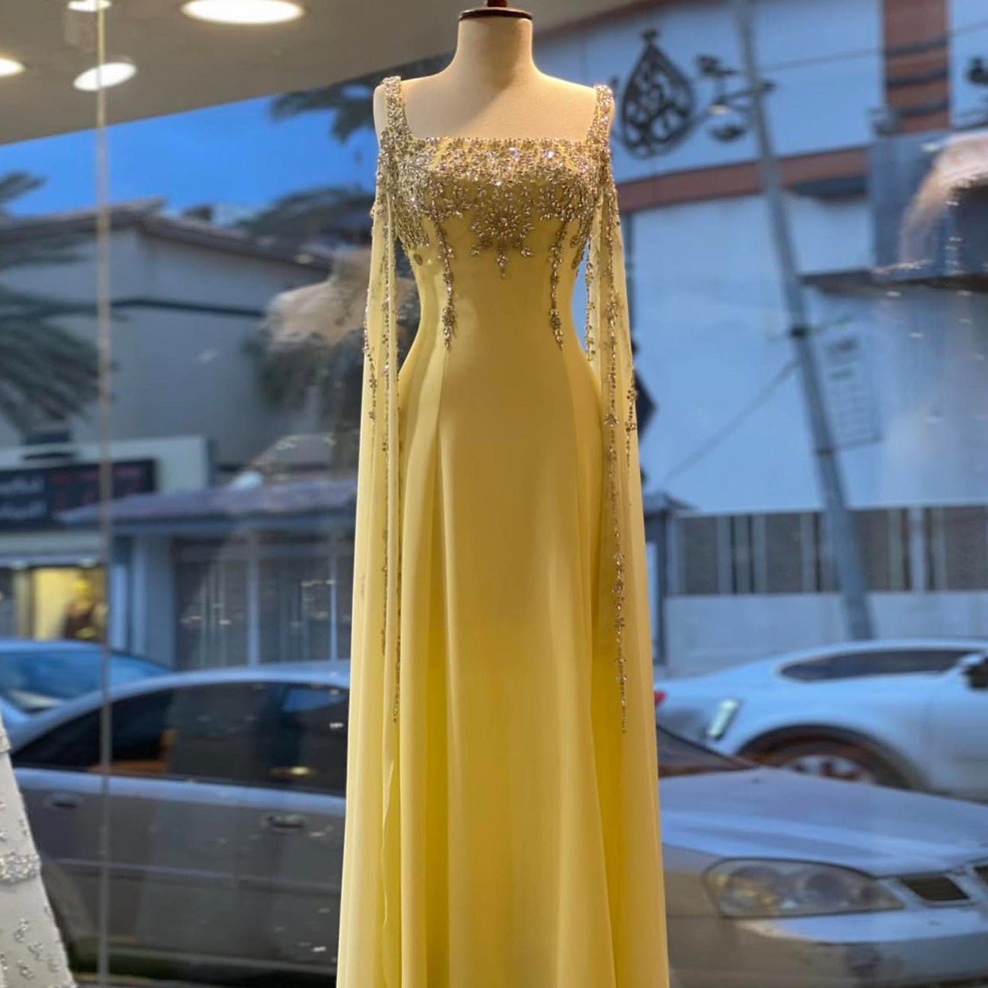 Chic Blue Crystal  Evening Dress with Flowing Cape Sleeve SS305  Yellow / US 16