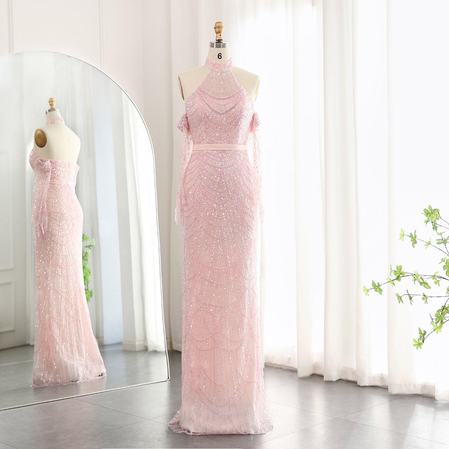 Luxury Nude Halter Mermaid Evening Dress with Gloves SS689 