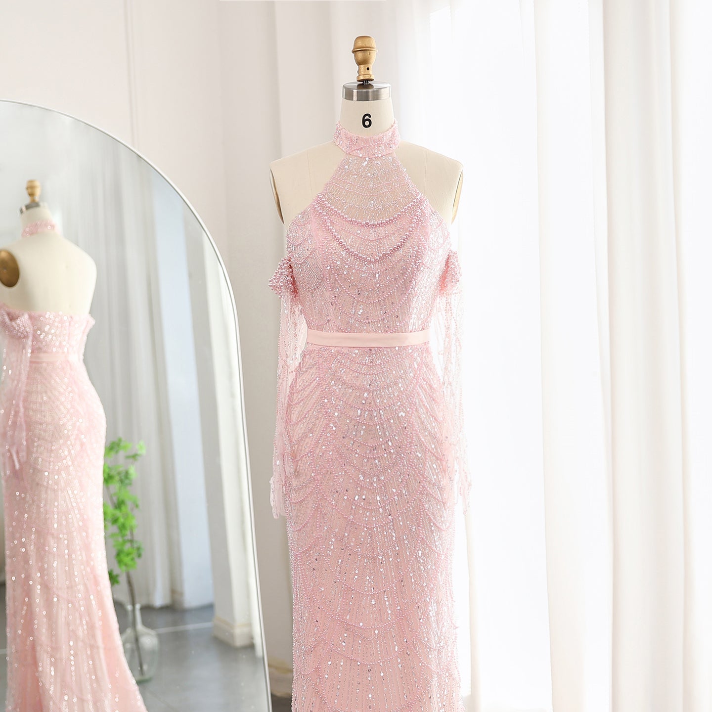 Luxury Nude Halter Mermaid Evening Dress with Gloves SS689 