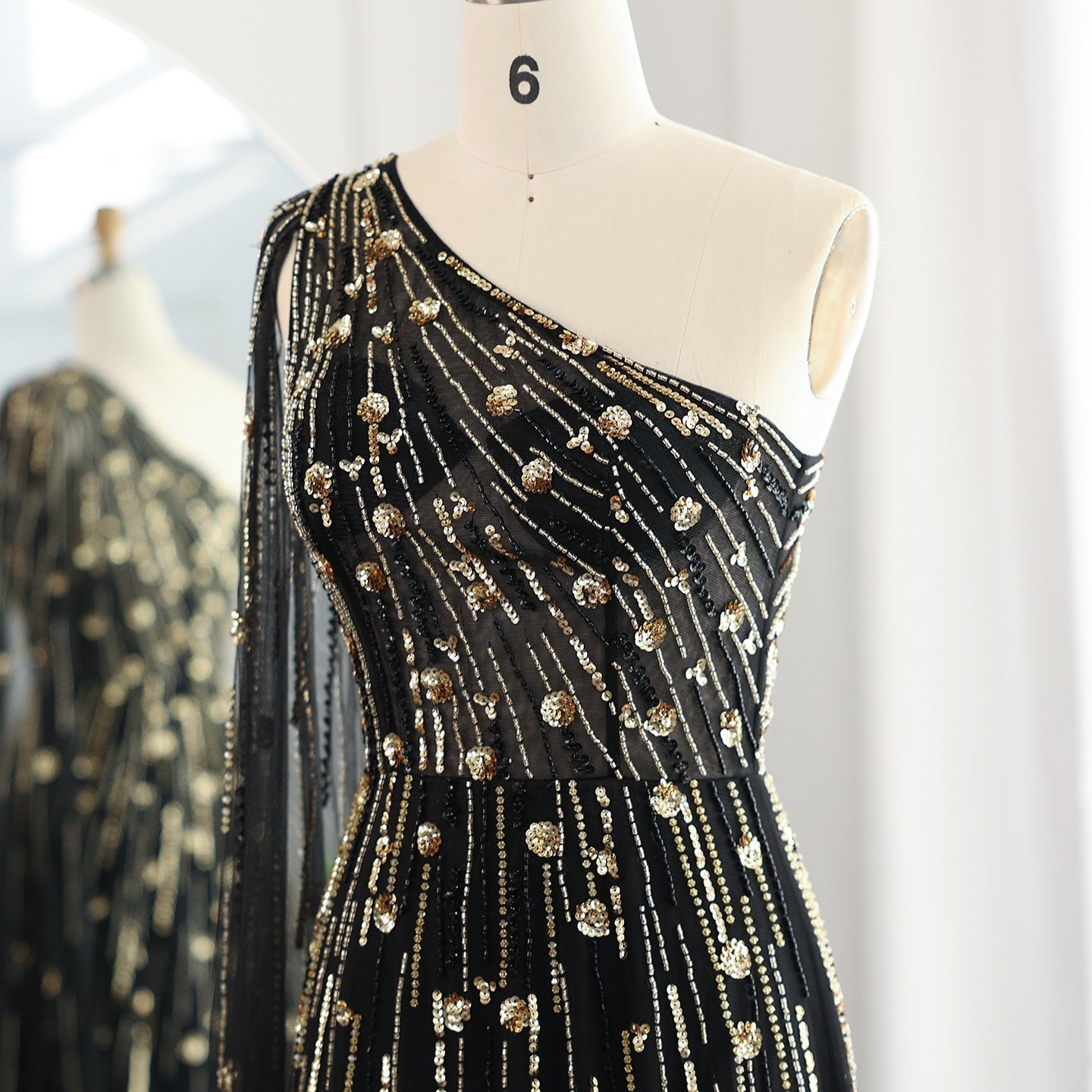 Luxury Beaded Black One Shoulder Evening Dress SS182