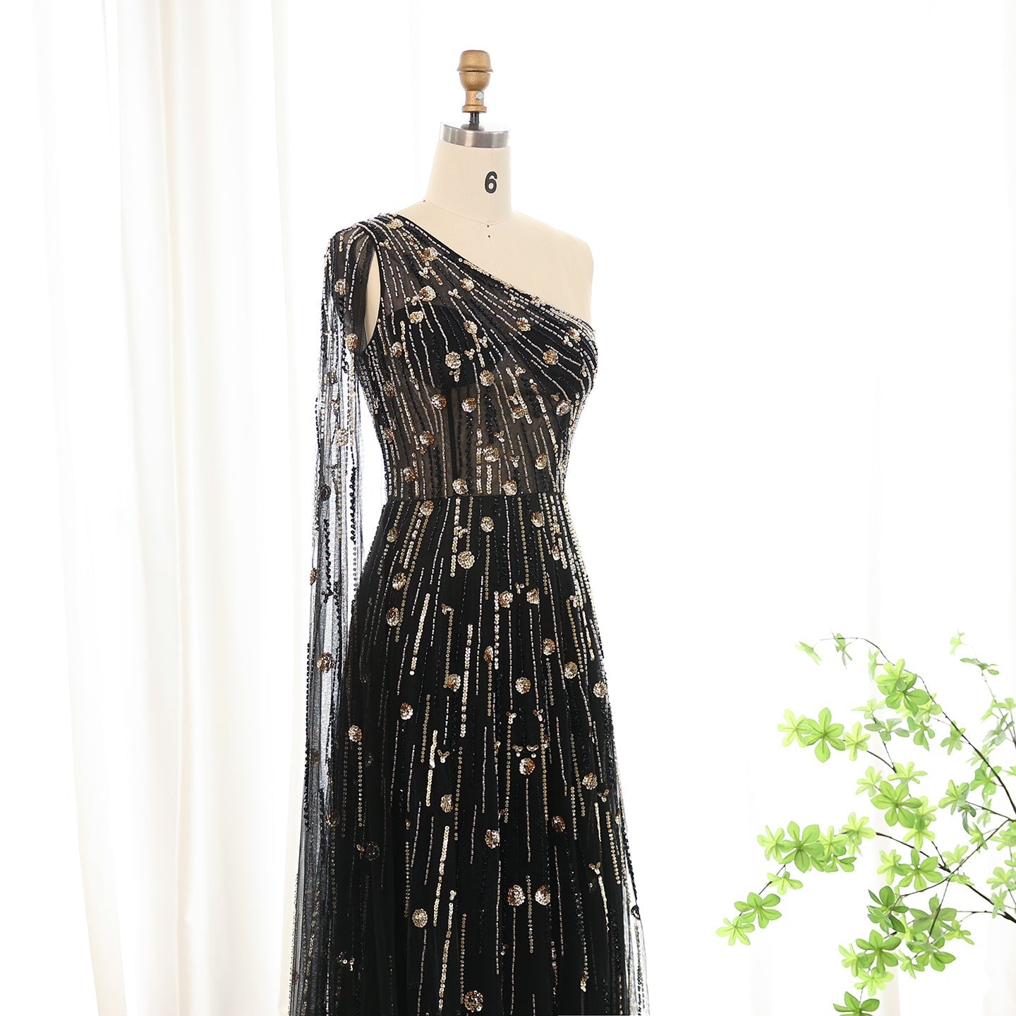 Luxury Beaded Black One Shoulder Evening Dress SS182