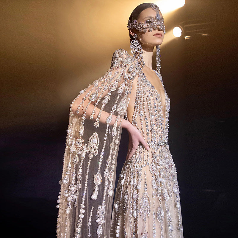 Luxury Crystal Pearls Evening Dress with Cape Sleeves SS750