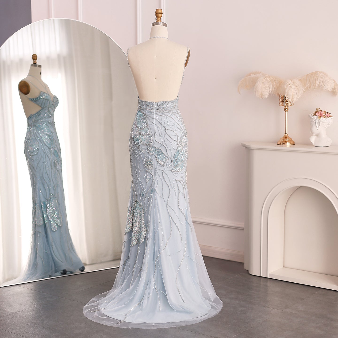 Luxury Pink Evening Dress with Feathers Scarf SS478