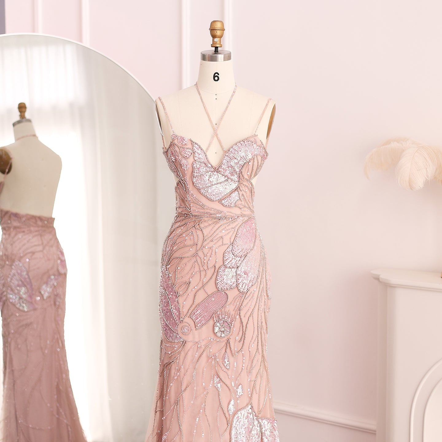 Luxury Pink Evening Dress with Feathers Scarf SS478