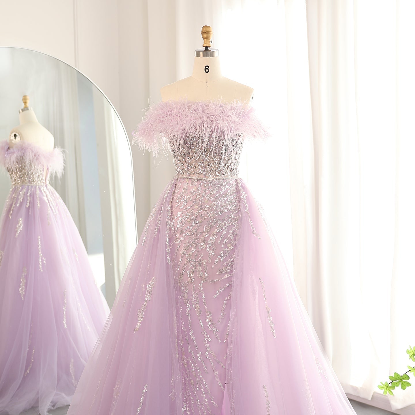 Luxury Feathers Lilac Evening Dress with Overskirt SS252