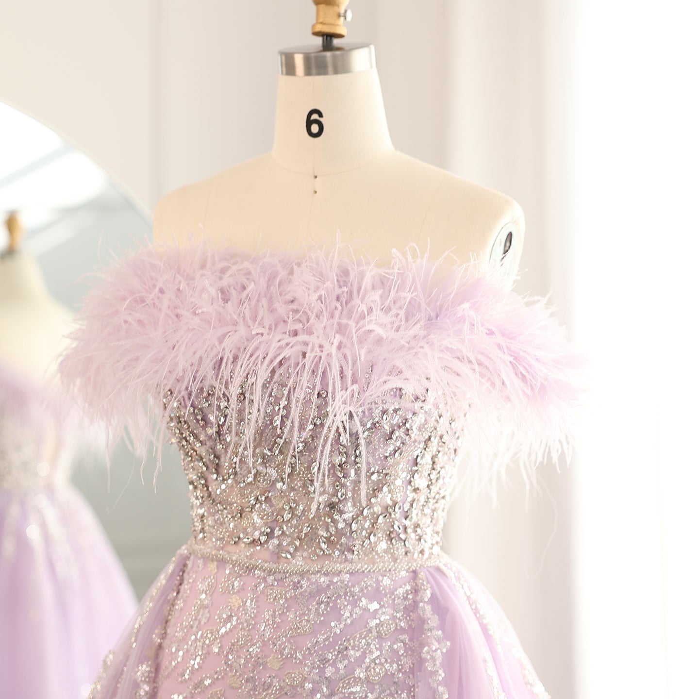 Luxury Feathers Lilac Evening Dress with Overskirt SS252
