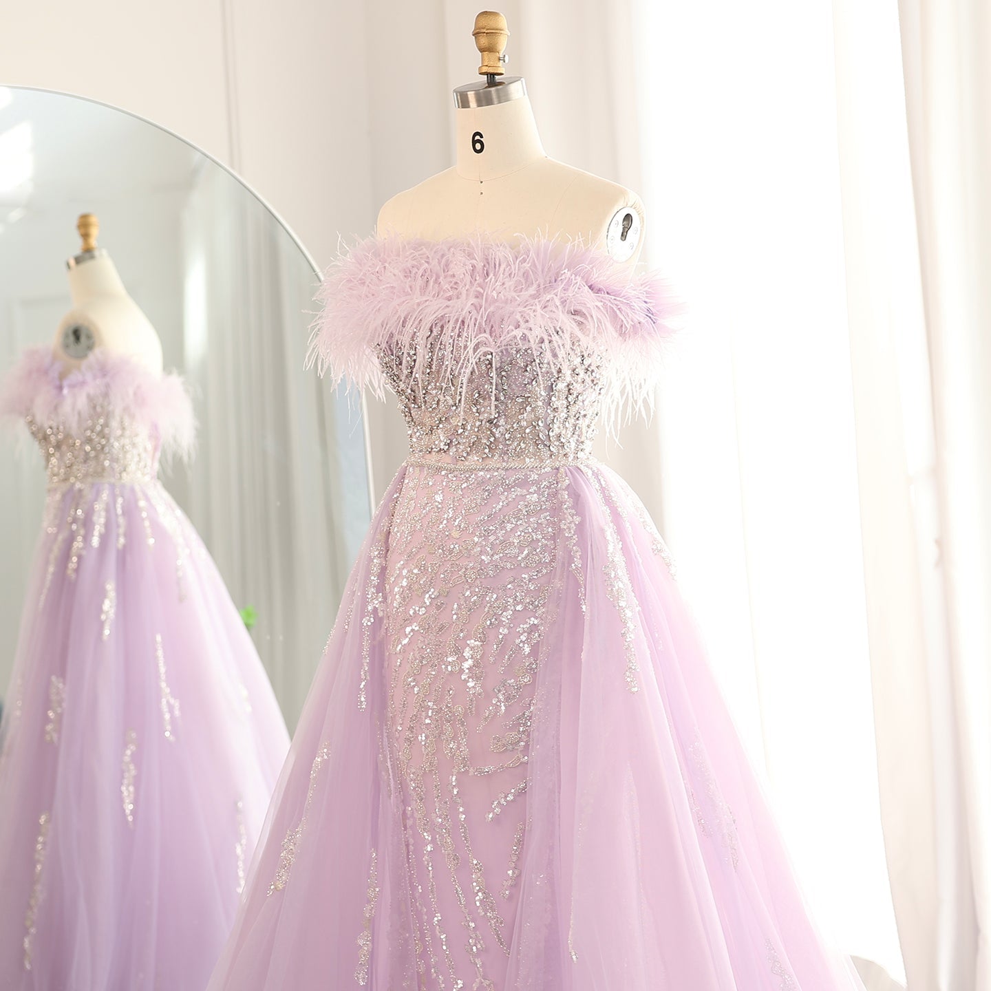 Luxury Feathers Lilac Evening Dress with Overskirt SS252