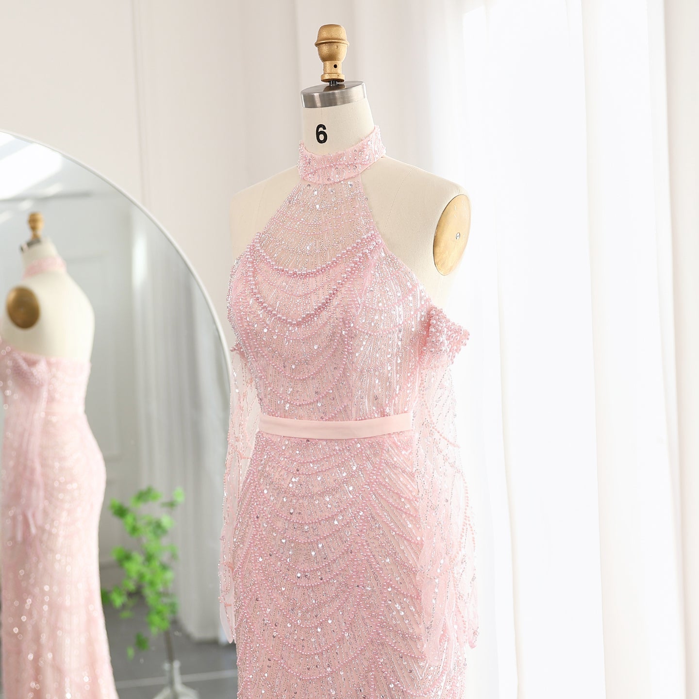 Luxury Nude Halter Mermaid Evening Dress with Gloves SS689 