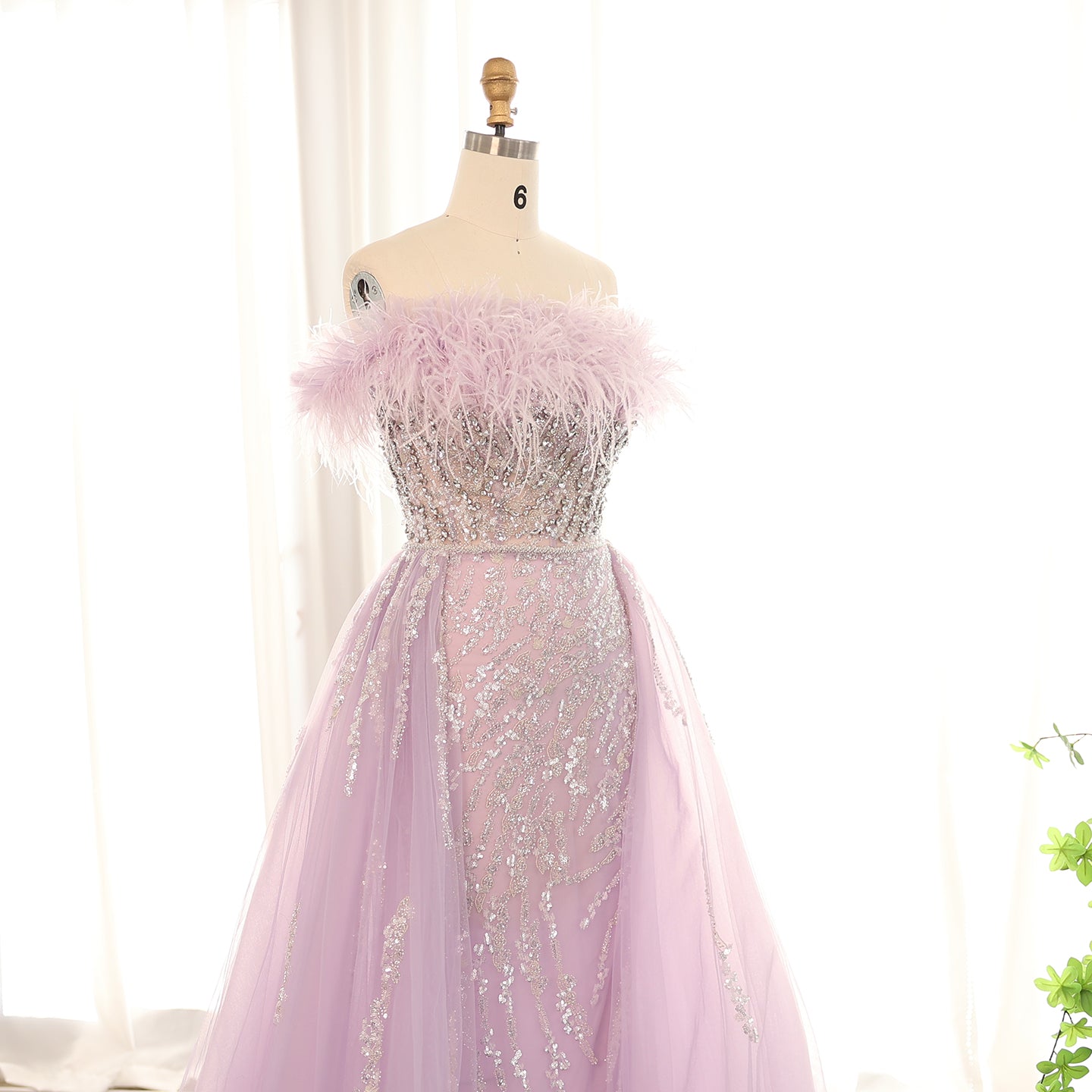 Luxury Feathers Lilac Evening Dress with Overskirt SS252