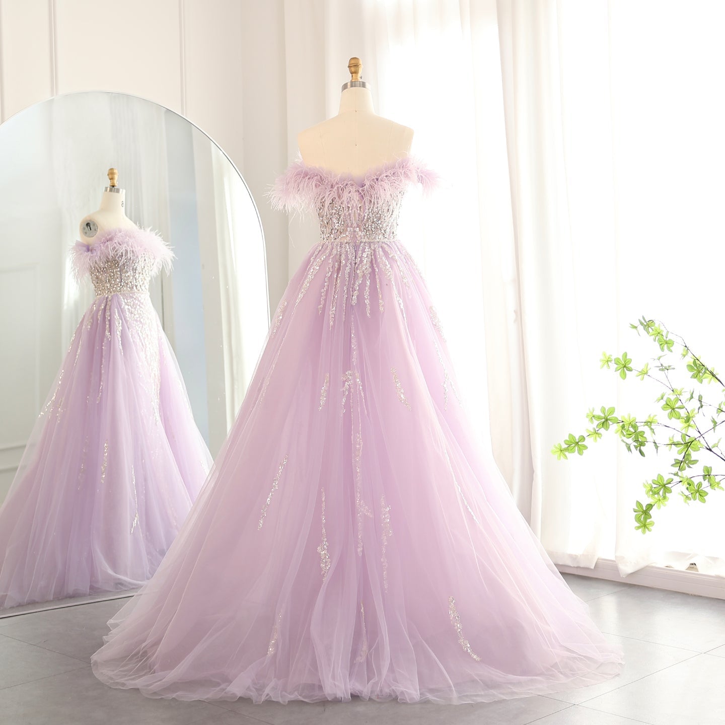 Luxury Feathers Lilac Evening Dress with Overskirt SS252