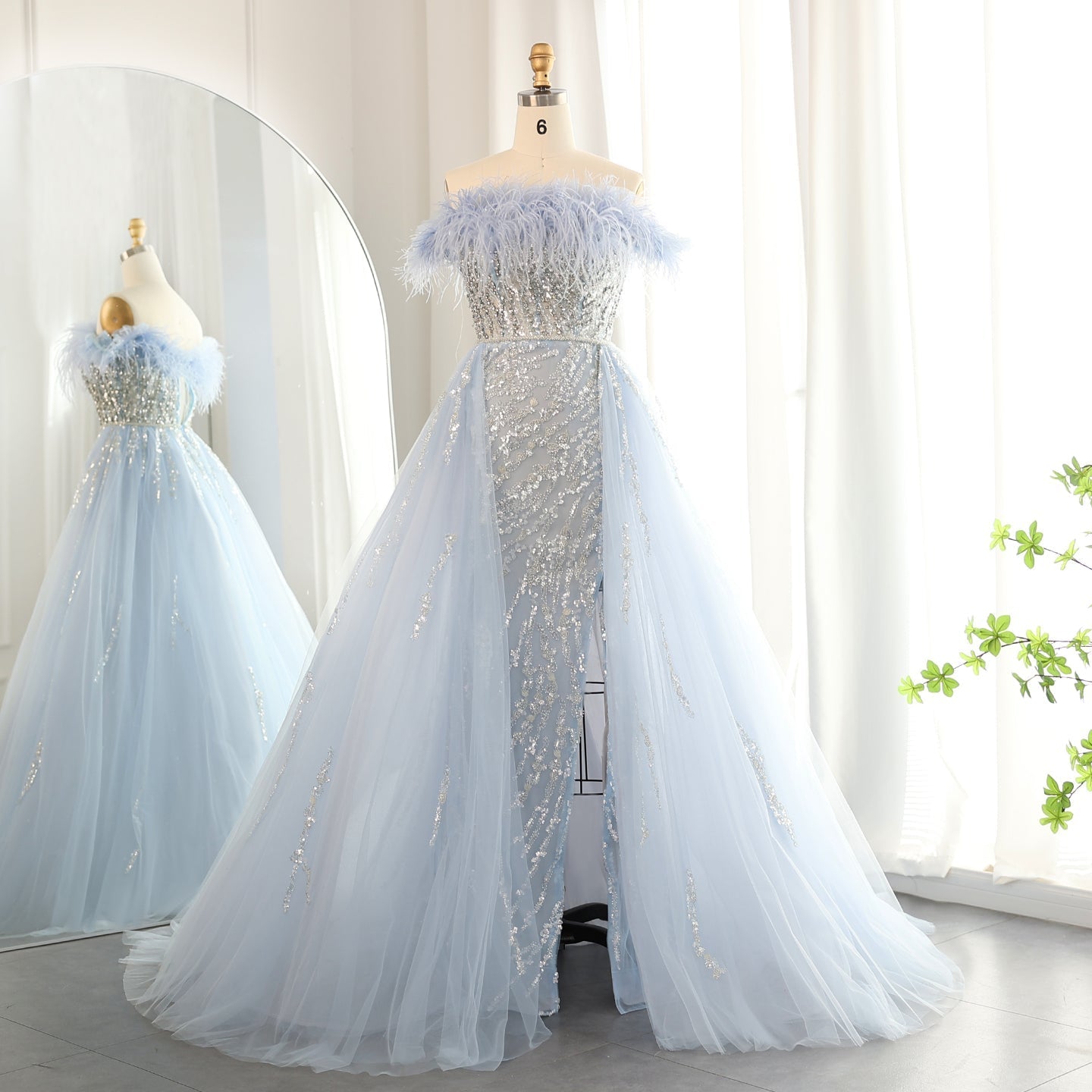 Luxury Feathers Lilac Evening Dress with Overskirt SS252  Blue / US 18