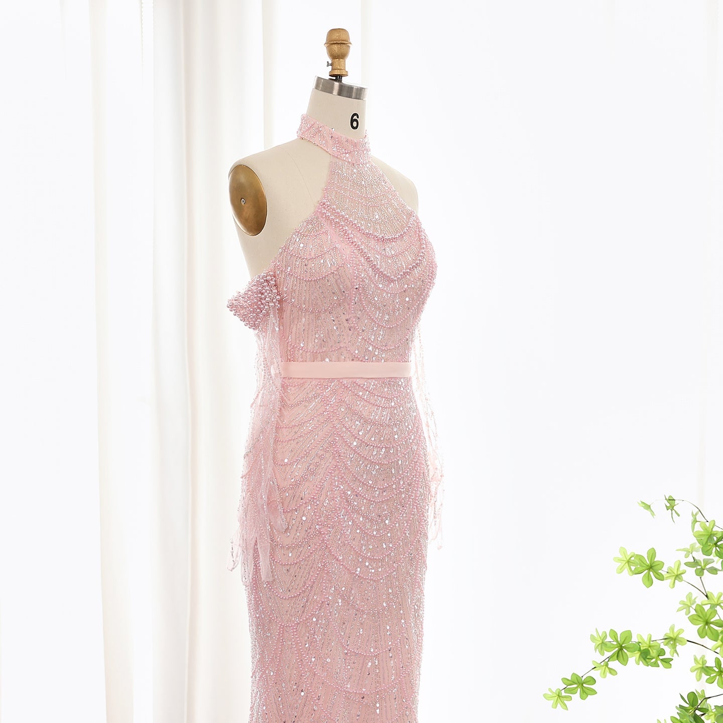 Luxury Nude Halter Mermaid Evening Dress with Gloves SS689 