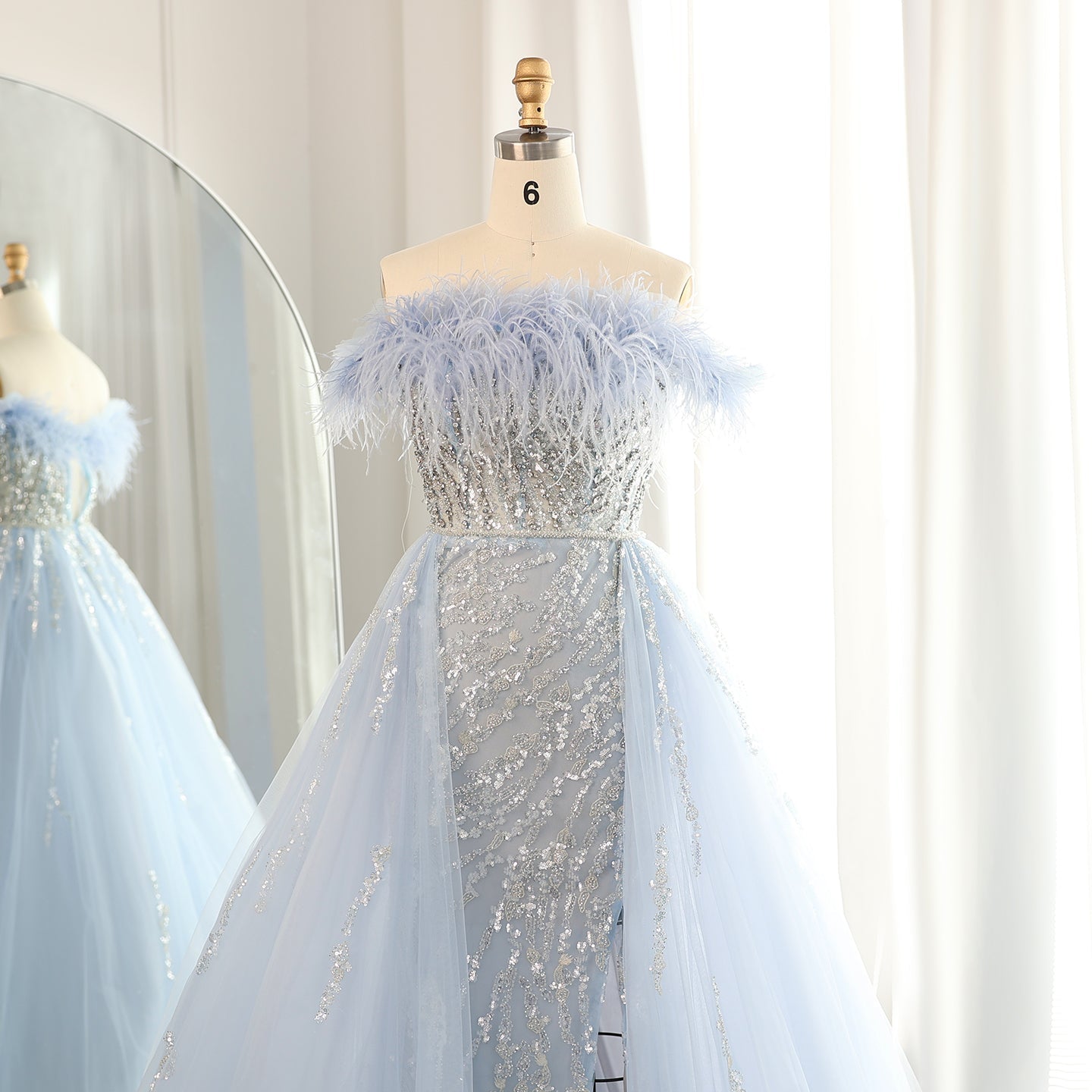 Luxury Feathers Lilac Evening Dress with Overskirt SS252