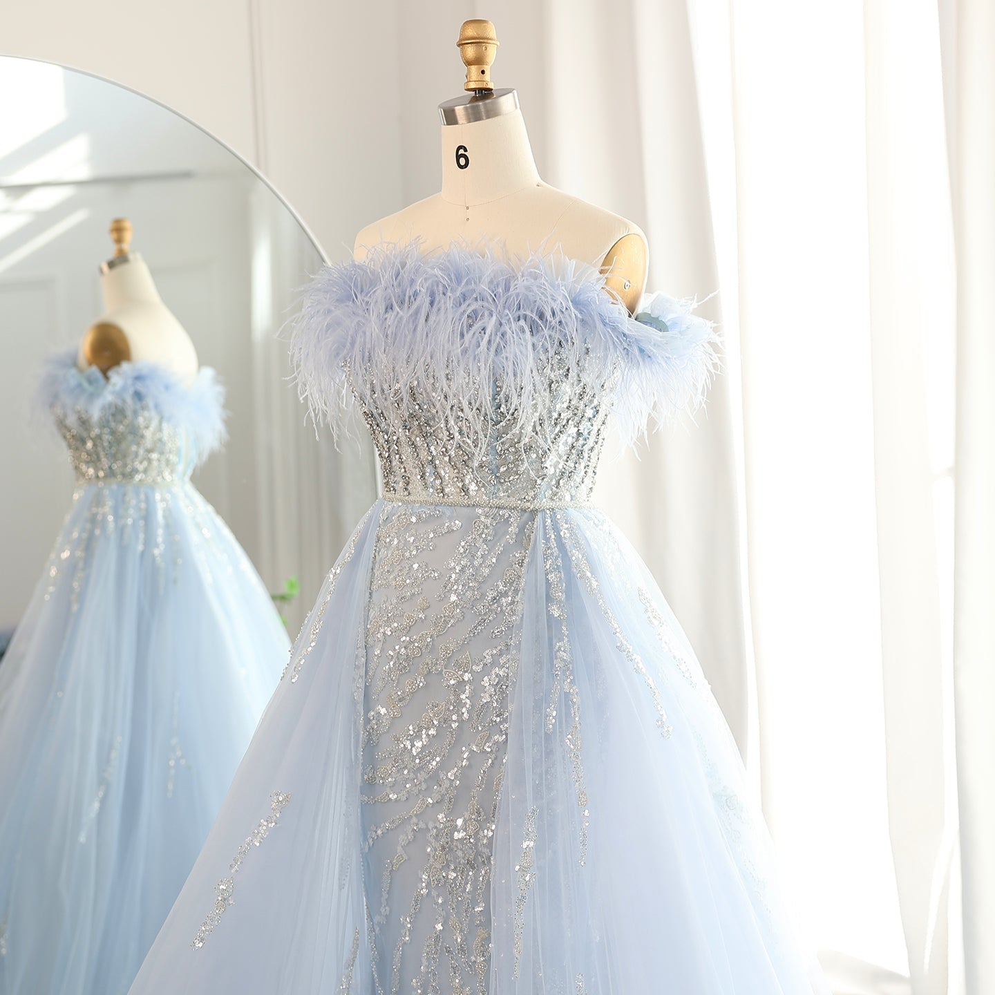 Luxury Feathers Lilac Evening Dress with Overskirt SS252