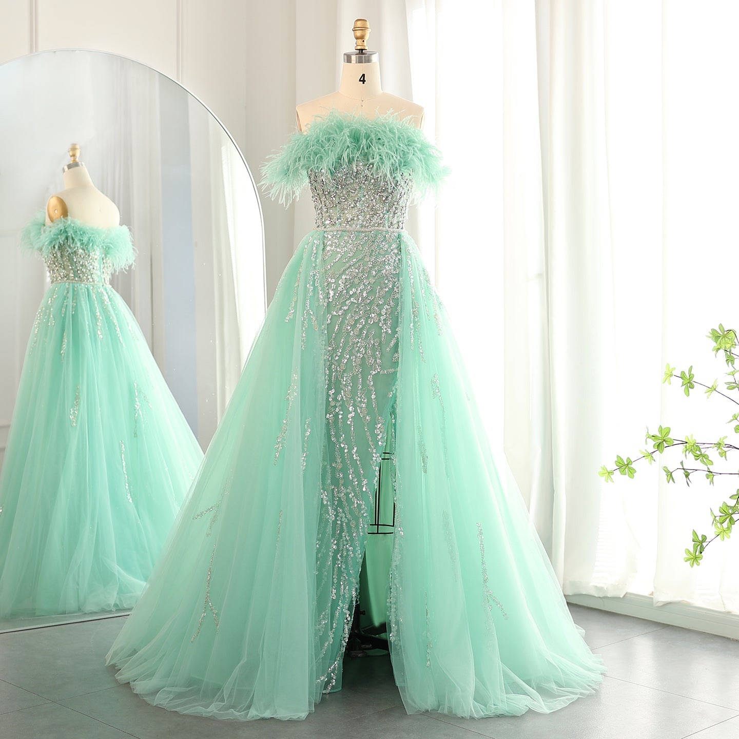 Luxury Feathers Lilac Evening Dress with Overskirt SS252  Green / US 18