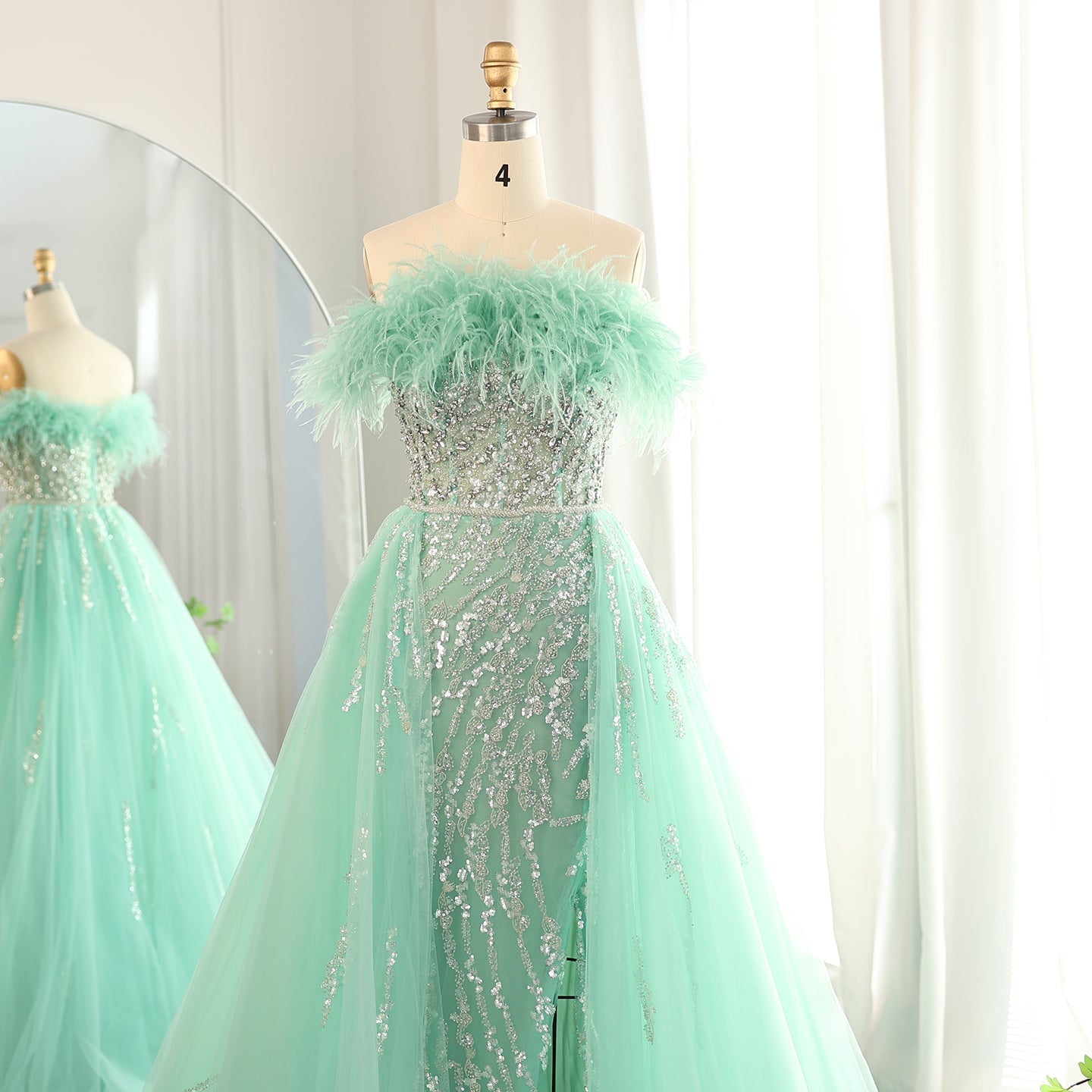 Luxury Feathers Lilac Evening Dress with Overskirt SS252