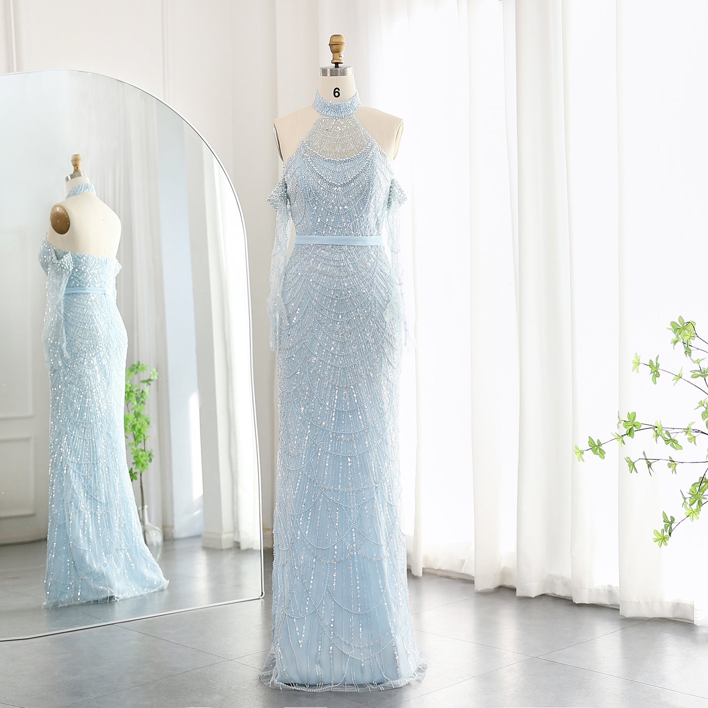 Luxury Nude Halter Mermaid Evening Dress with Gloves SS689 