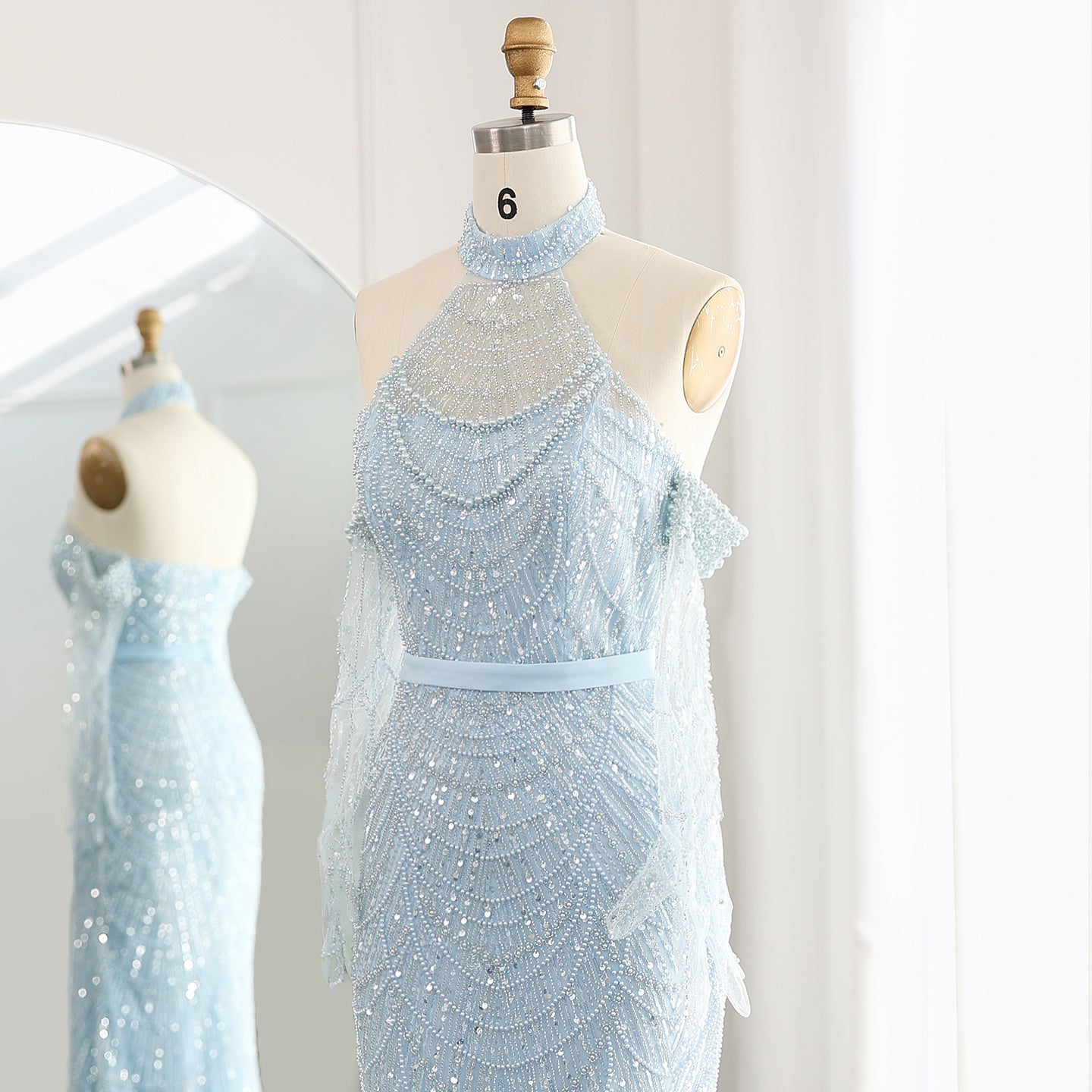 Luxury Nude Halter Mermaid Evening Dress with Gloves SS689 