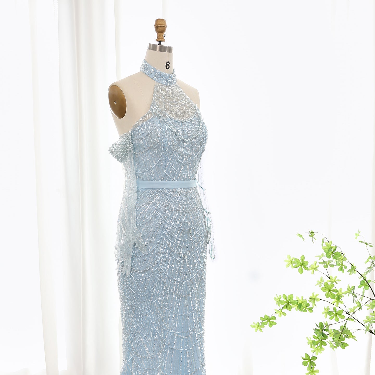 Luxury Nude Halter Mermaid Evening Dress with Gloves SS689 