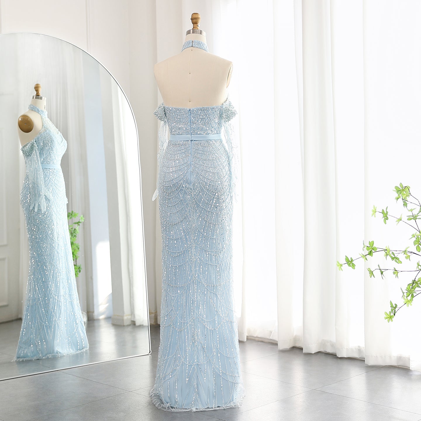 Luxury Nude Halter Mermaid Evening Dress with Gloves SS689 