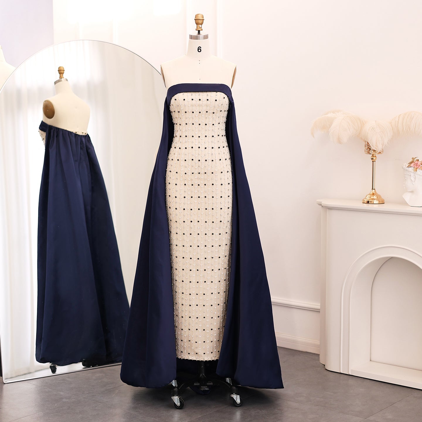 Luxury Navy Blue White Strapless Evening Dress SS422  Navy Blue / US 16