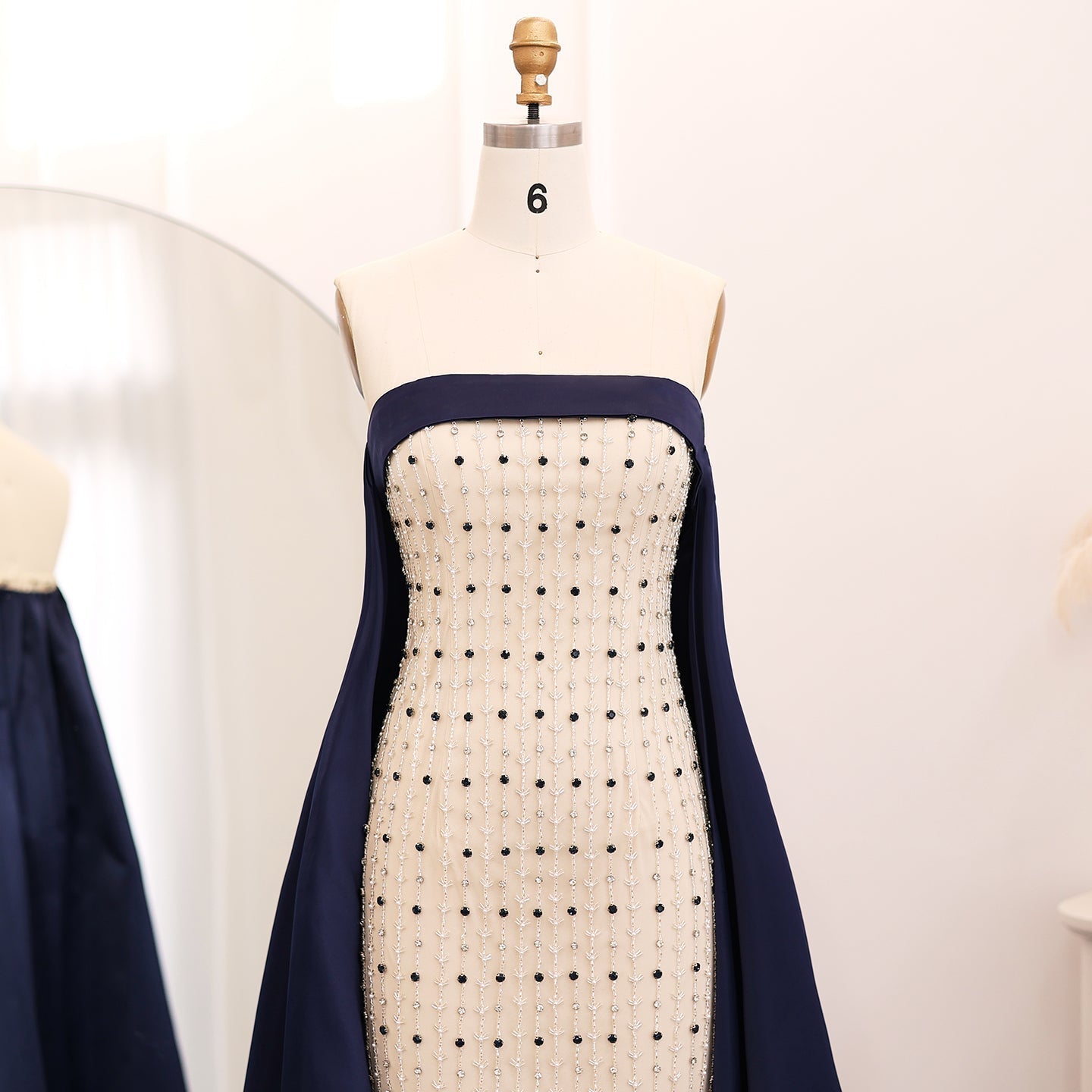 Luxury Navy Blue White Strapless Evening Dress SS422