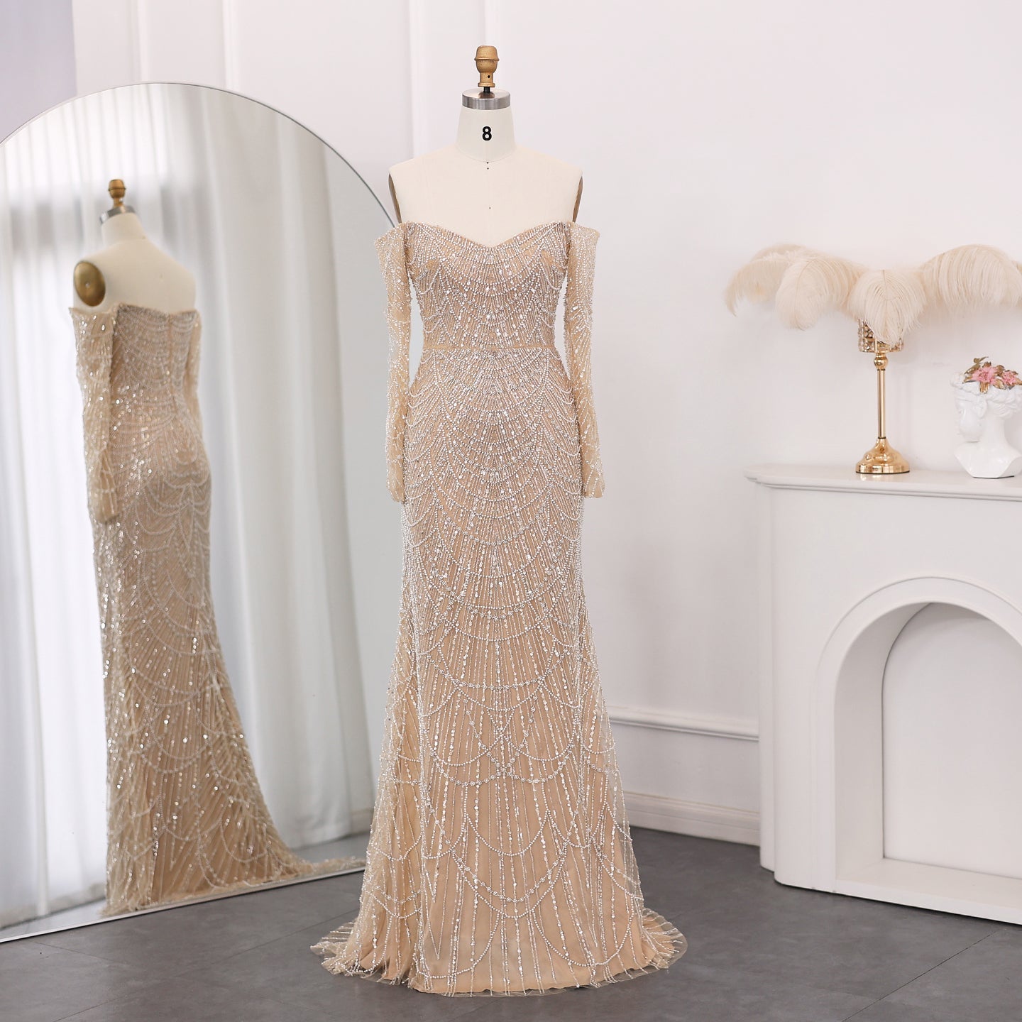 Luxury Off Shoulder Long Sleeves Mermaid Evening Dress SS609  Champagne / US 20