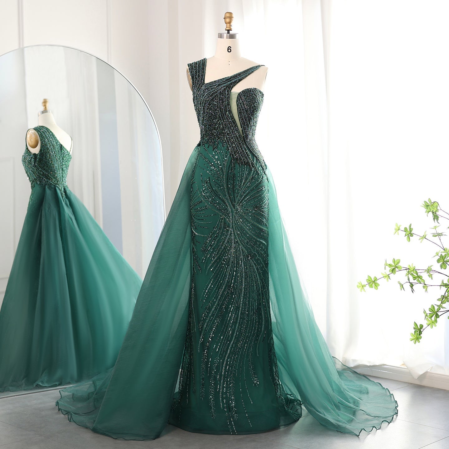 Luxury Emerald Green Evening Dress with Overskirt SS128  Green / US 20