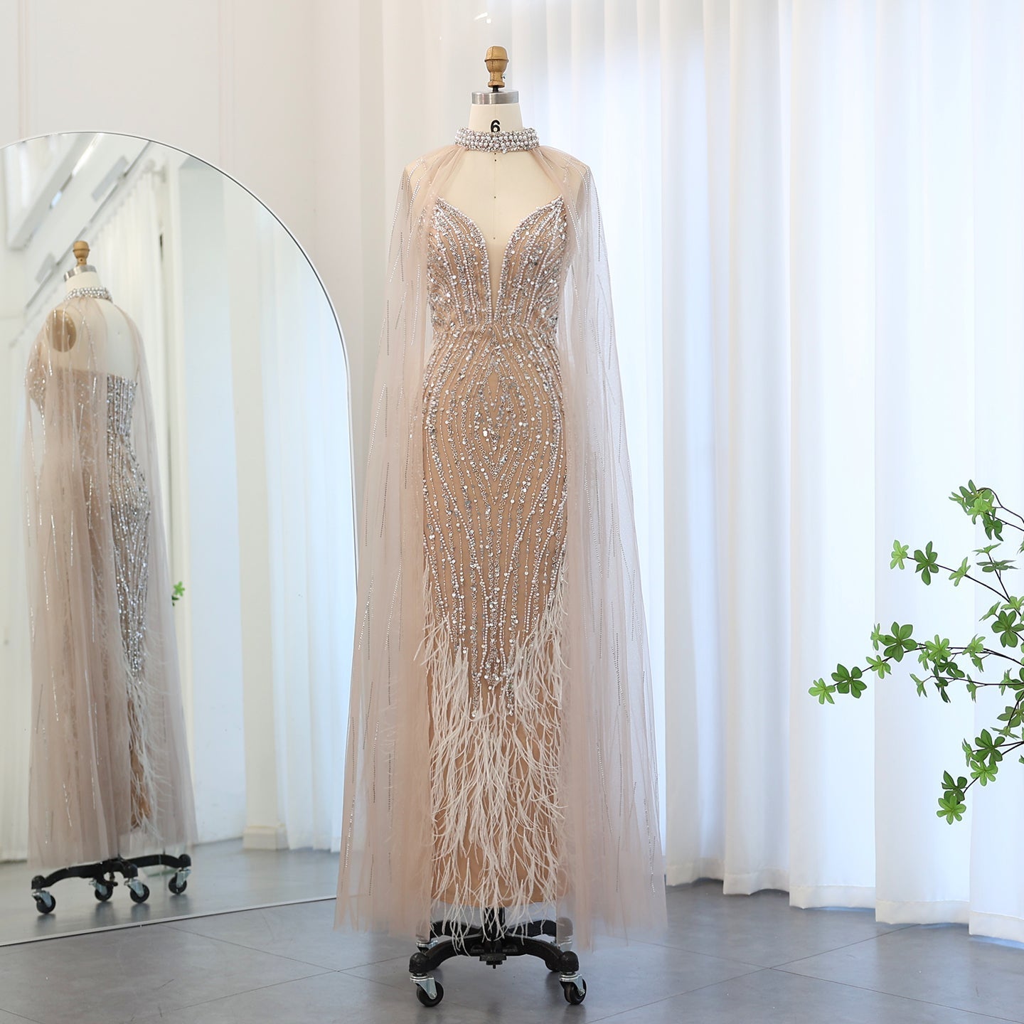 Luxury Feather Nude Mermaid Spaghetti Evening Dress with Cape SS185  Nude / US 18