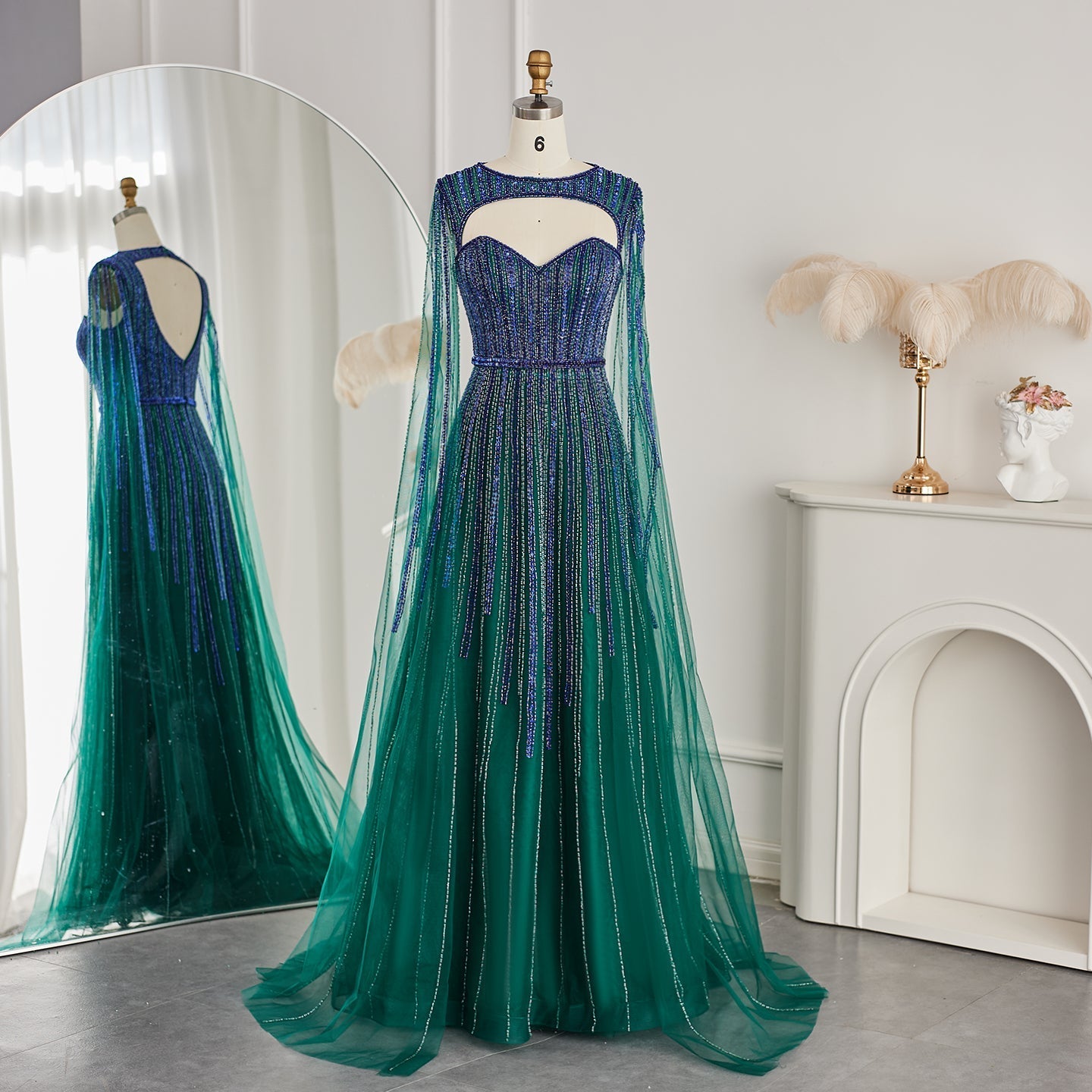 Luxury Fuchsia Evening Dress with Cape Sleeves SS167  Green / US 20