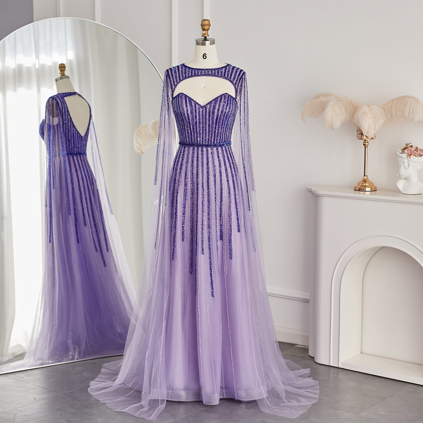 Luxury Fuchsia Evening Dress with Cape Sleeves SS167  Lilac / US 20