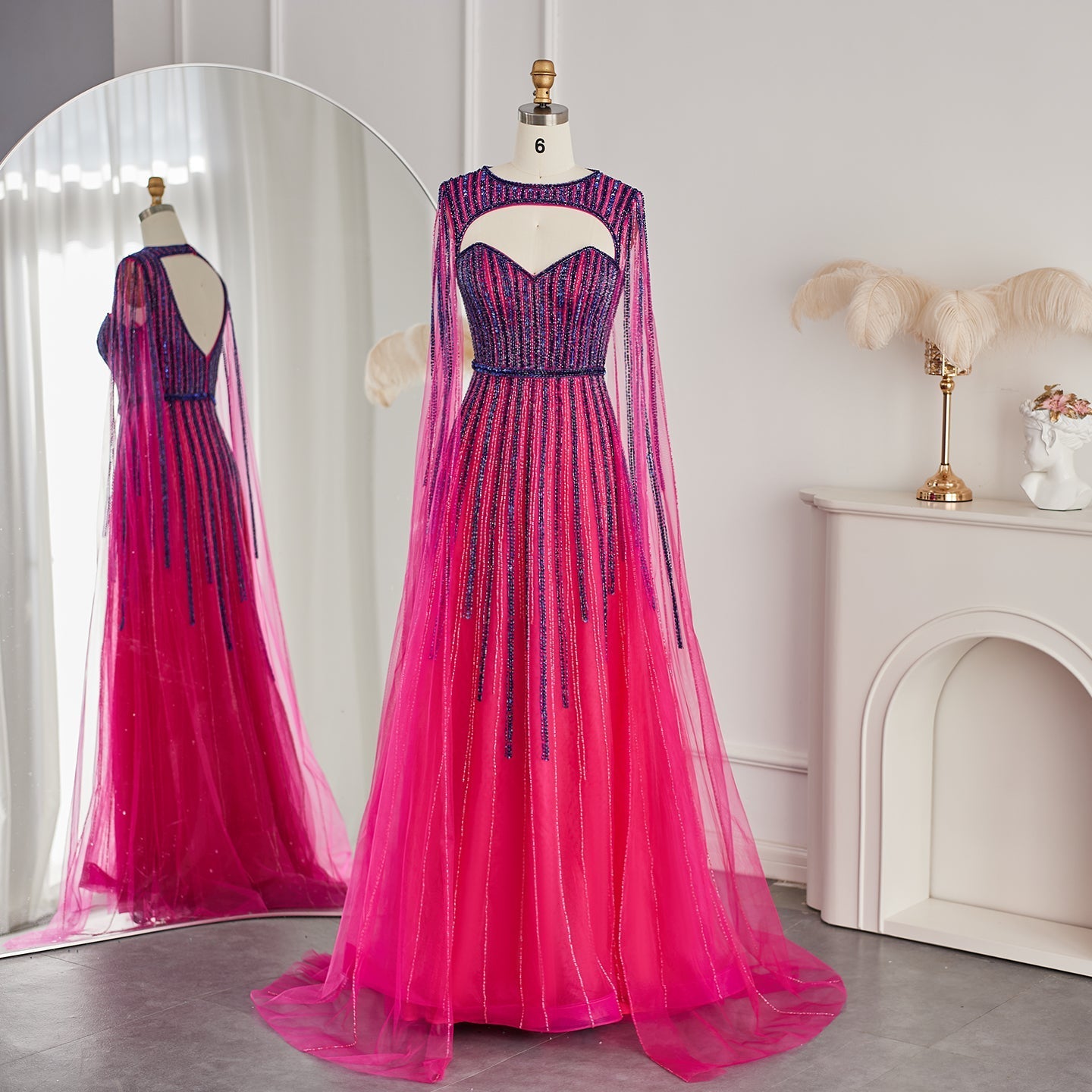 Luxury Fuchsia Evening Dress with Cape Sleeves SS167  Fuchsia / US 20