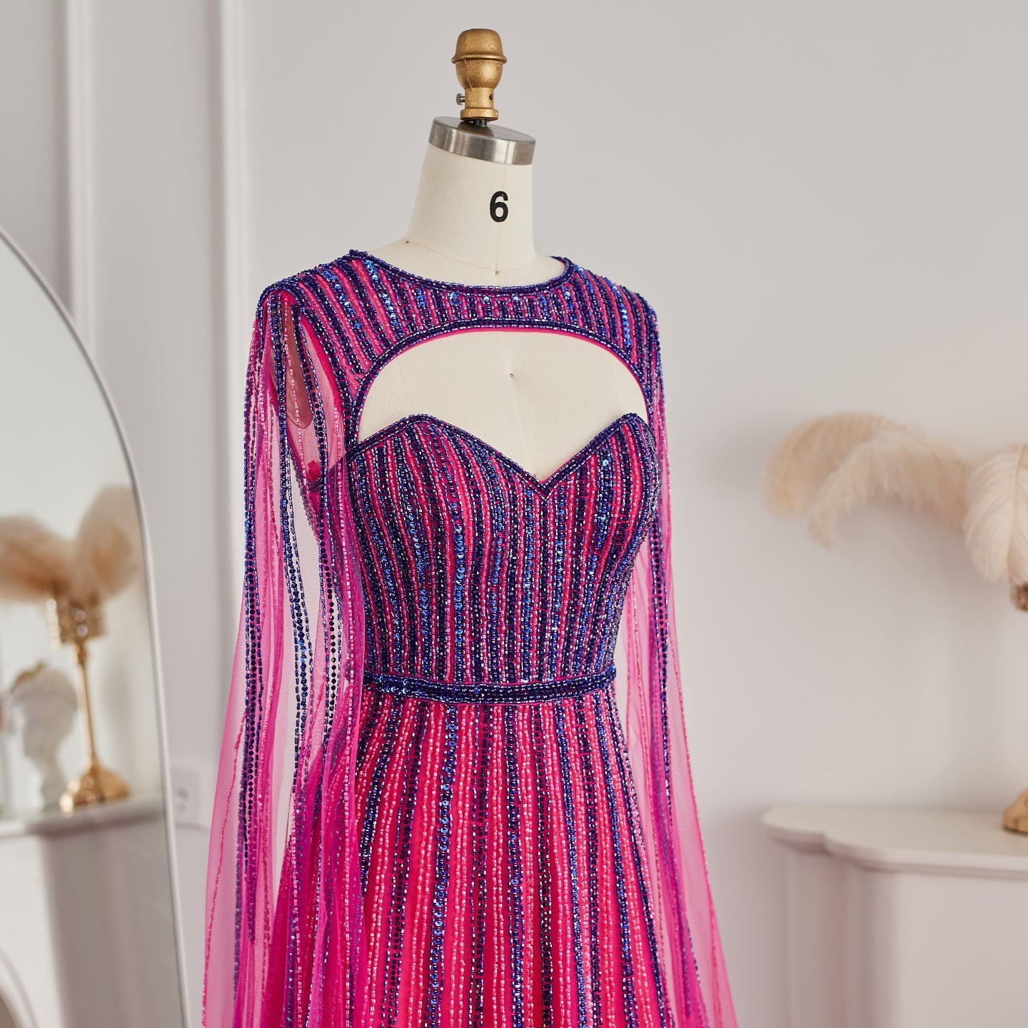 Luxury Fuchsia Evening Dress with Cape Sleeves SS167