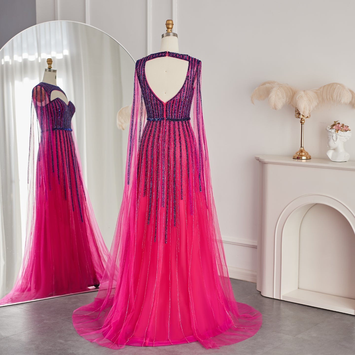 Luxury Fuchsia Evening Dress with Cape Sleeves SS167