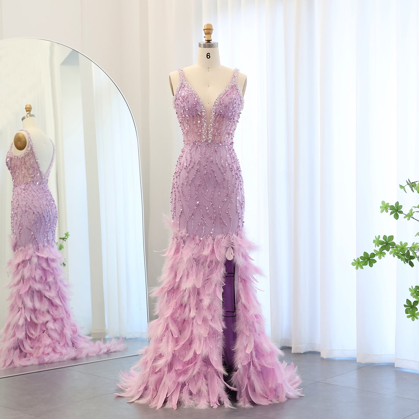 Luxury Feathers Pink Spaghetti Evening Dress with Slit SS184  Pink / US 18