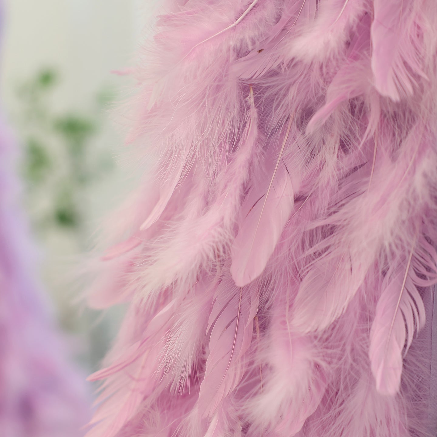 Luxury Feathers Pink Spaghetti Evening Dress with Slit SS184