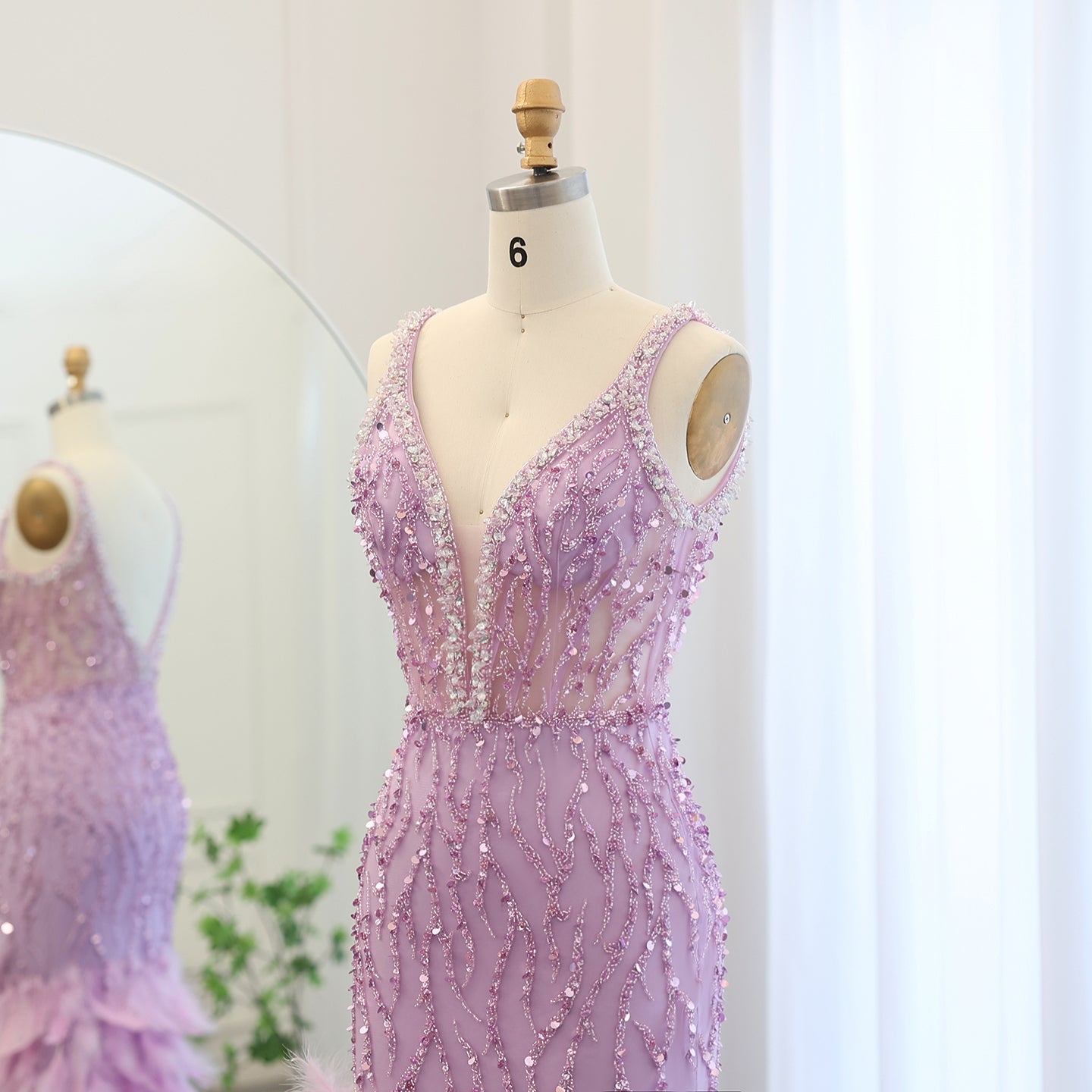 Luxury Feathers Pink Spaghetti Evening Dress with Slit SS184