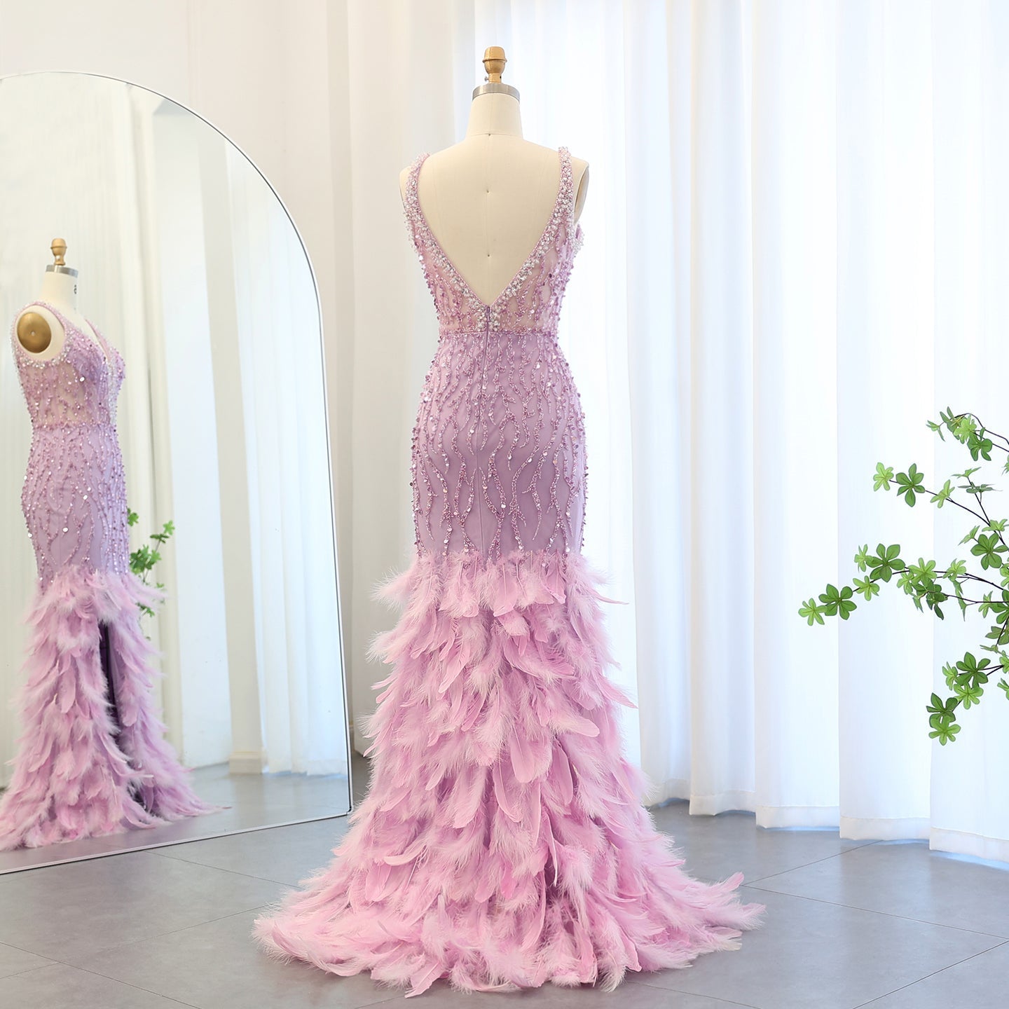 Luxury Feathers Pink Spaghetti Evening Dress with Slit SS184