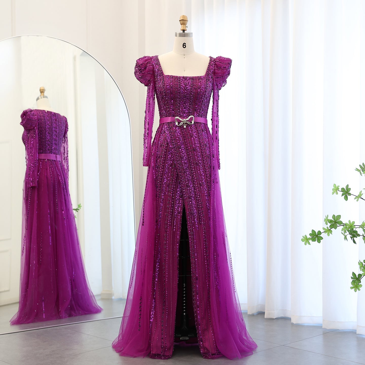 Luxury Fuchsia Long Sleeve Evening Dress with Overskirt SS318  Fuchsia / US 10