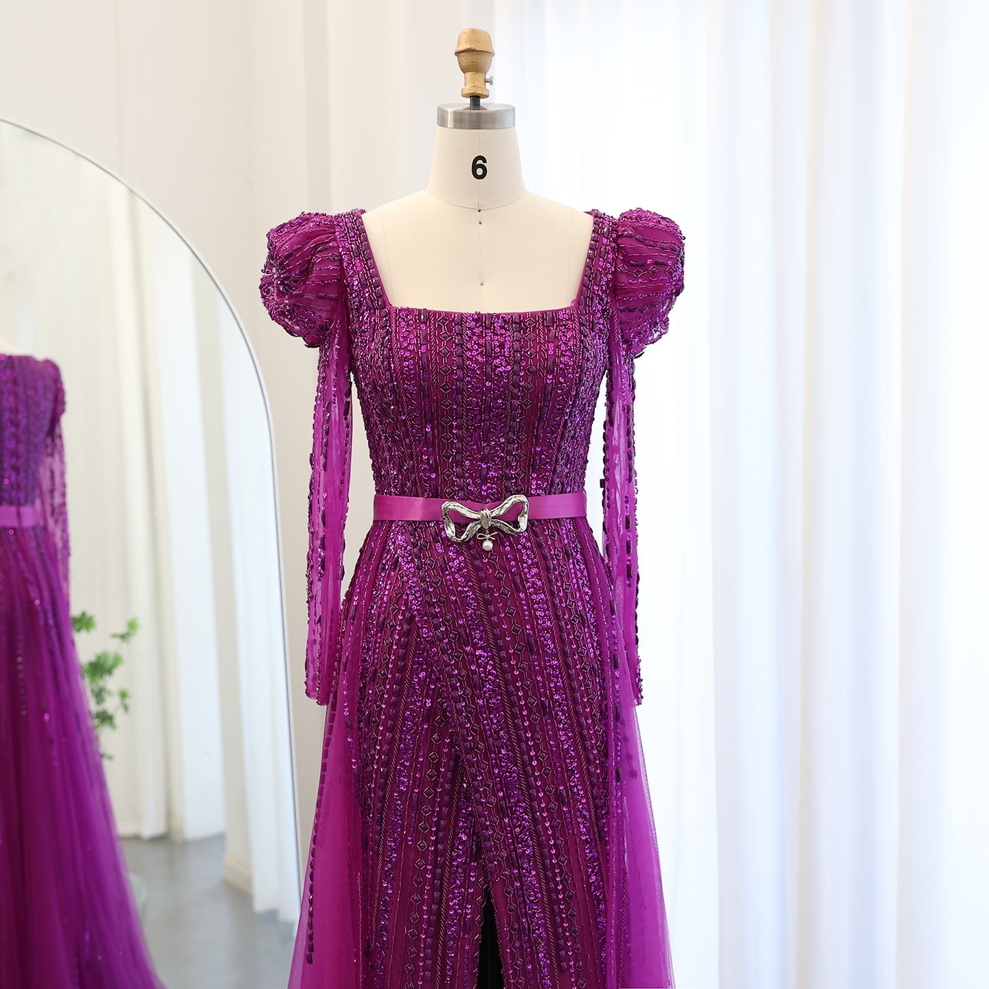 Luxury Fuchsia Long Sleeve Evening Dress with Overskirt SS318